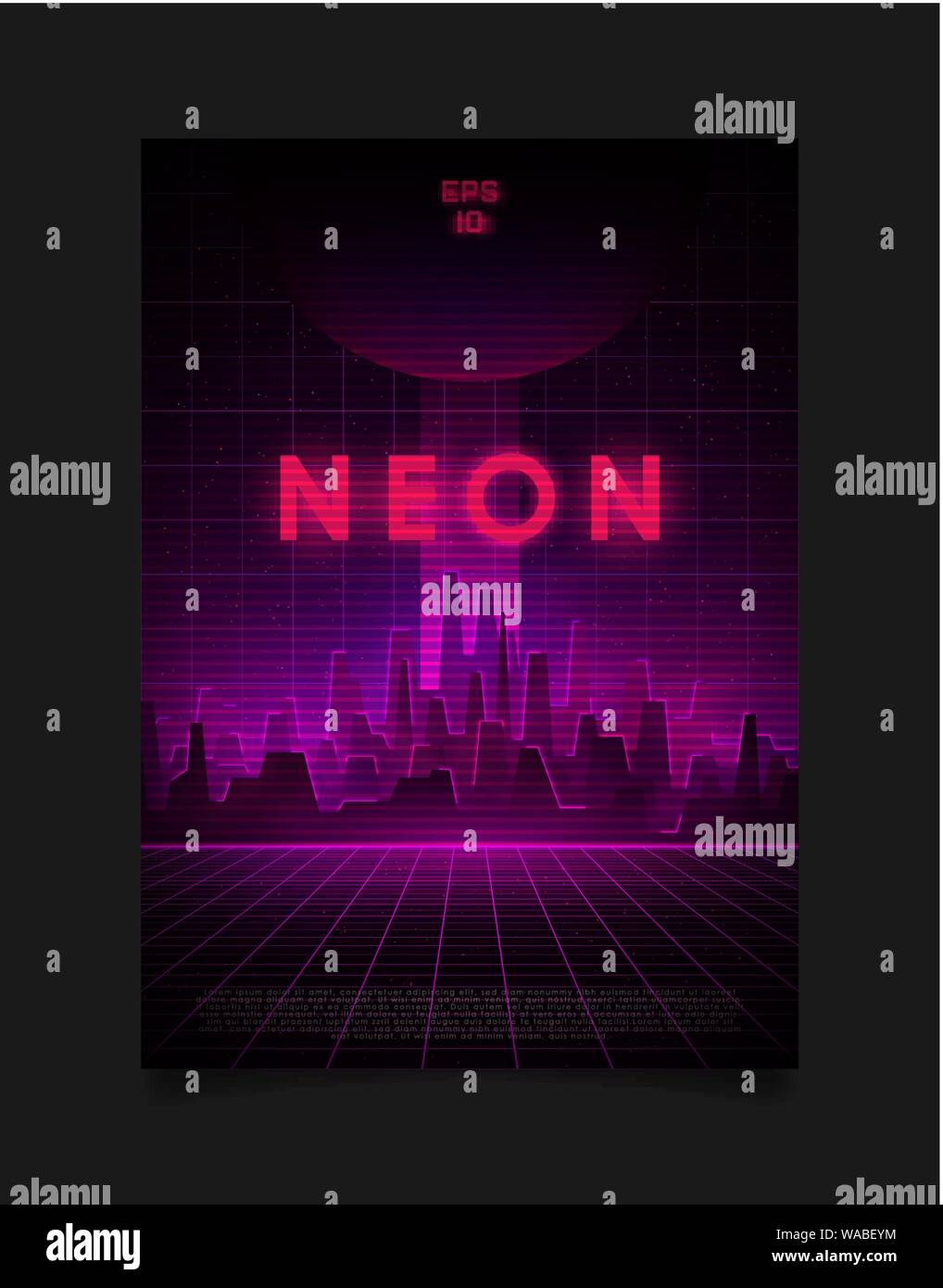 Retrowave Nacht Stadt mit Laser Raster, leuchtende neon pink und lila Licht und Nebel und großen dunklen Sphäre in den Himmel über der Stadt. Design für die Flyer Stock Vektor