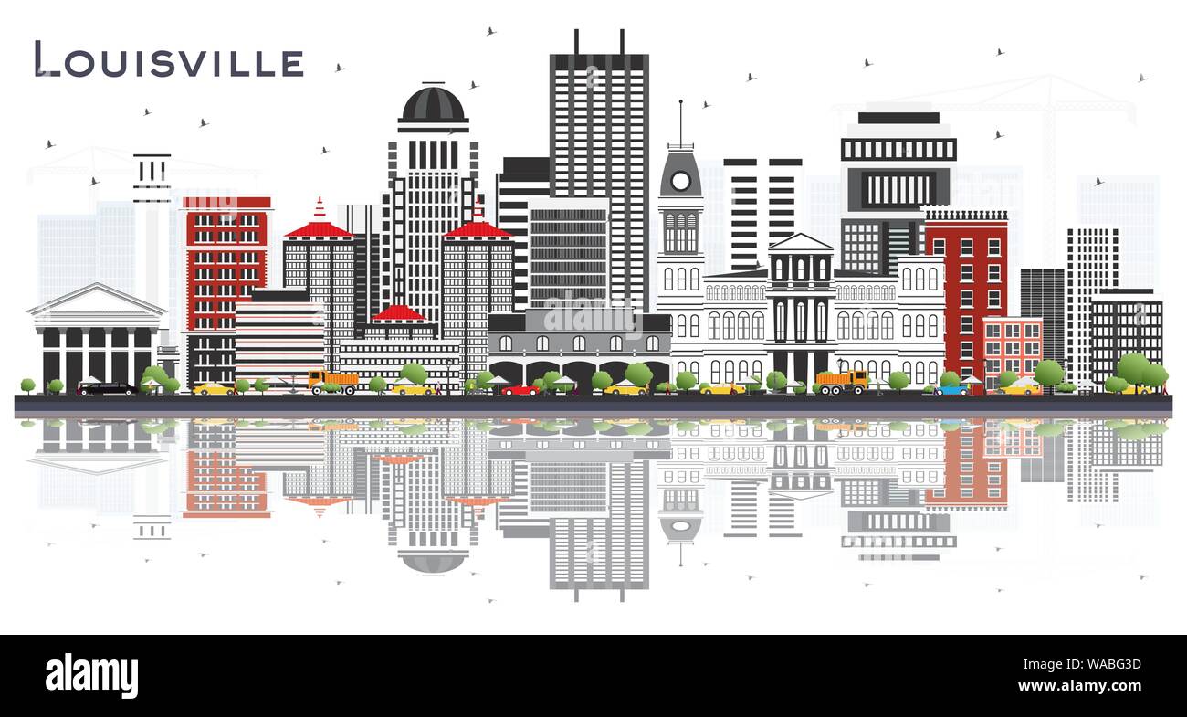 Louisville Kentucky USA Skyline der Stadt mit grauen Gebäuden und Reflexionen isoliert auf Weiss. Vector Illustration. Business Travel und Tourismus Konzept w Stock Vektor