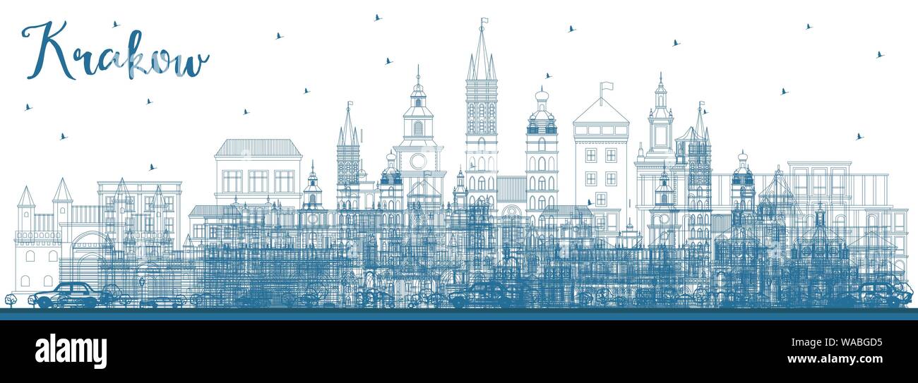 Überblick Krakau Polen Skyline der Stadt mit blauen Gebäude. Vector Illustration. Business Travel und Tourismus Konzept mit historischer Architektur. Stock Vektor