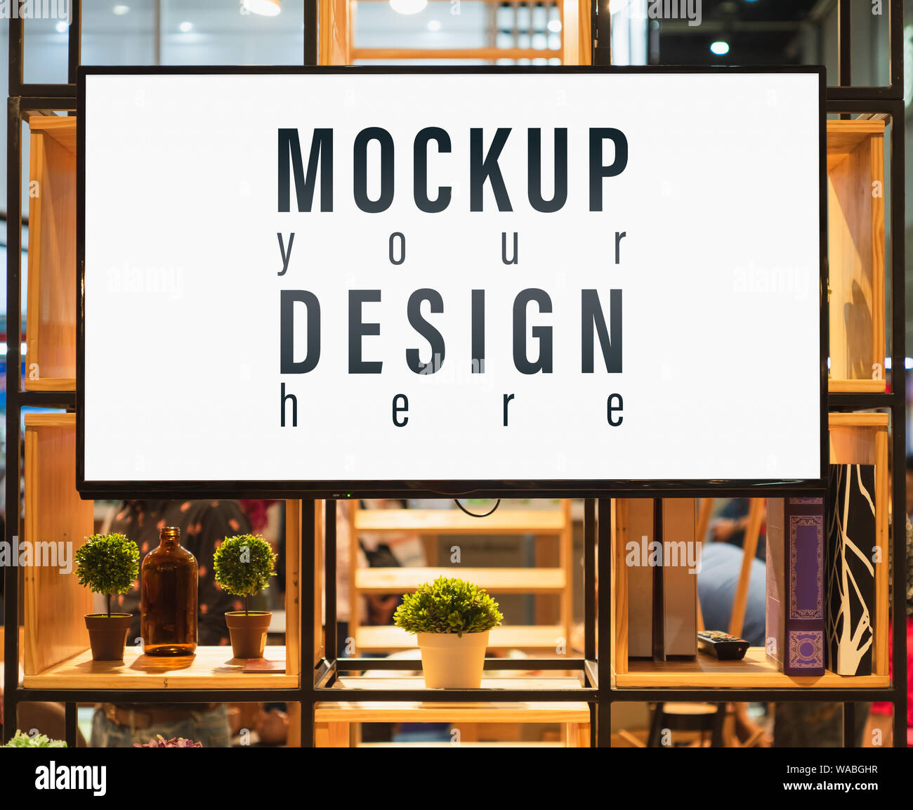 Smart TV Mockup am Stand. Leere weiße tv Innenraum mock up, Vorderansicht Stockfoto