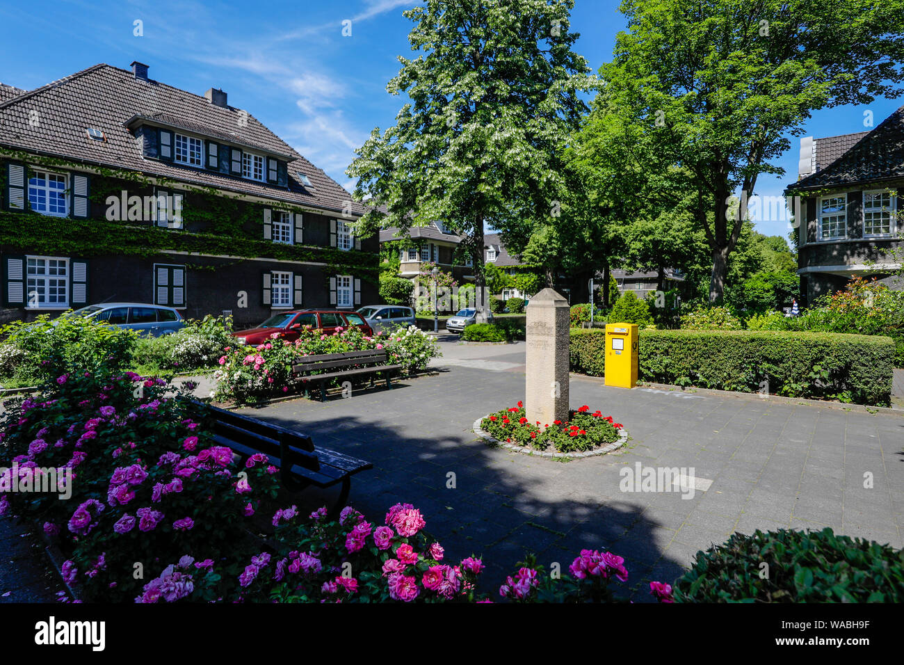 Essen, Ruhrgebiet, Nordrhein-Westfalen, Deutschland - Margarethenhoehe Siedlung ist der erste deutsche Gartenstadt, die 115 Hektar große Siedlung verwalten Stockfoto