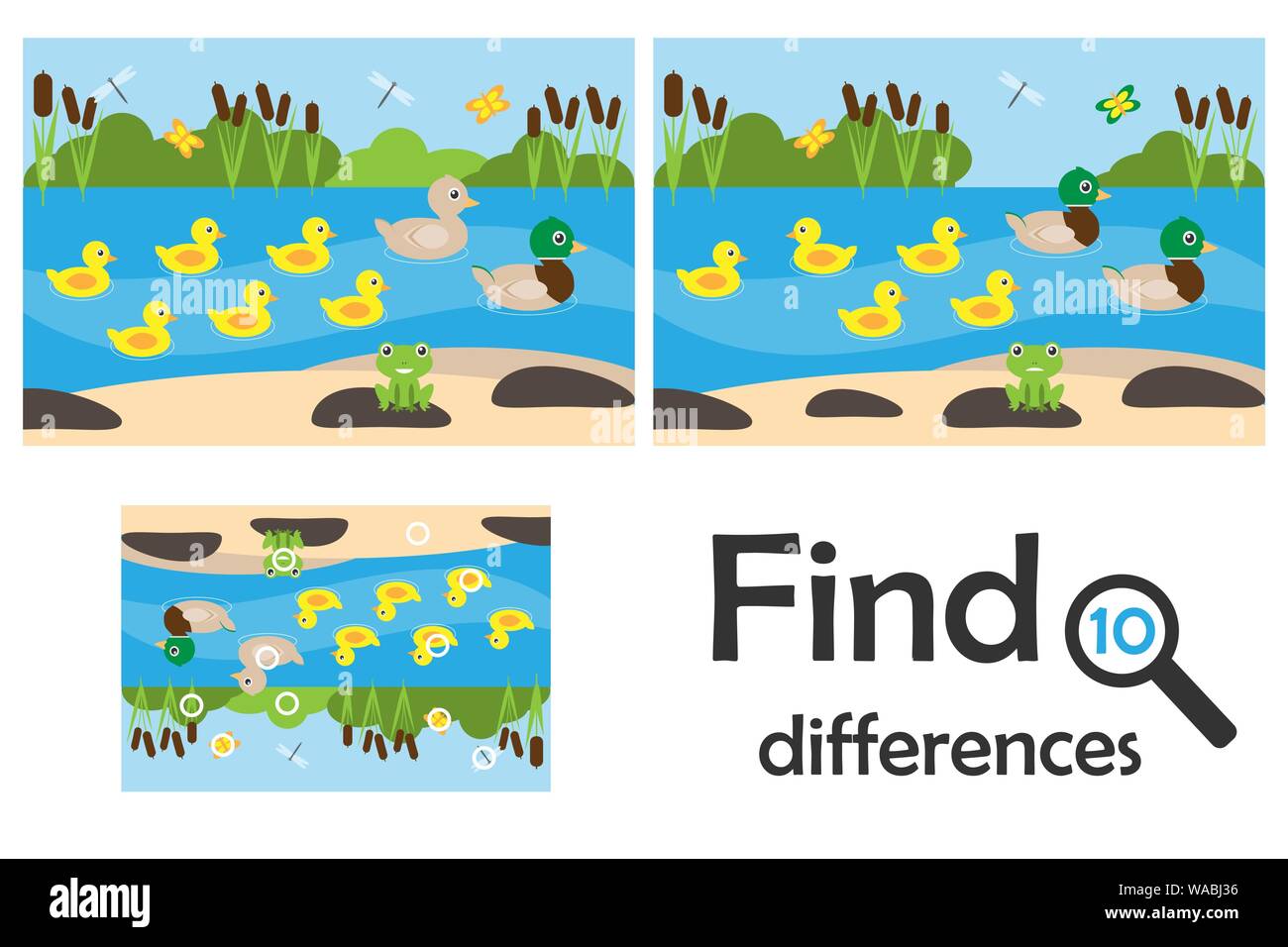 Finden Sie 10 Unterschiede, Spiel für Kinder, Teich mit Enten, Cartoon, Bildung Spiel für Kinder, Vorschule Arbeitsblatt Aktivität, Aufgabe für die Entwicklung der Stock Vektor