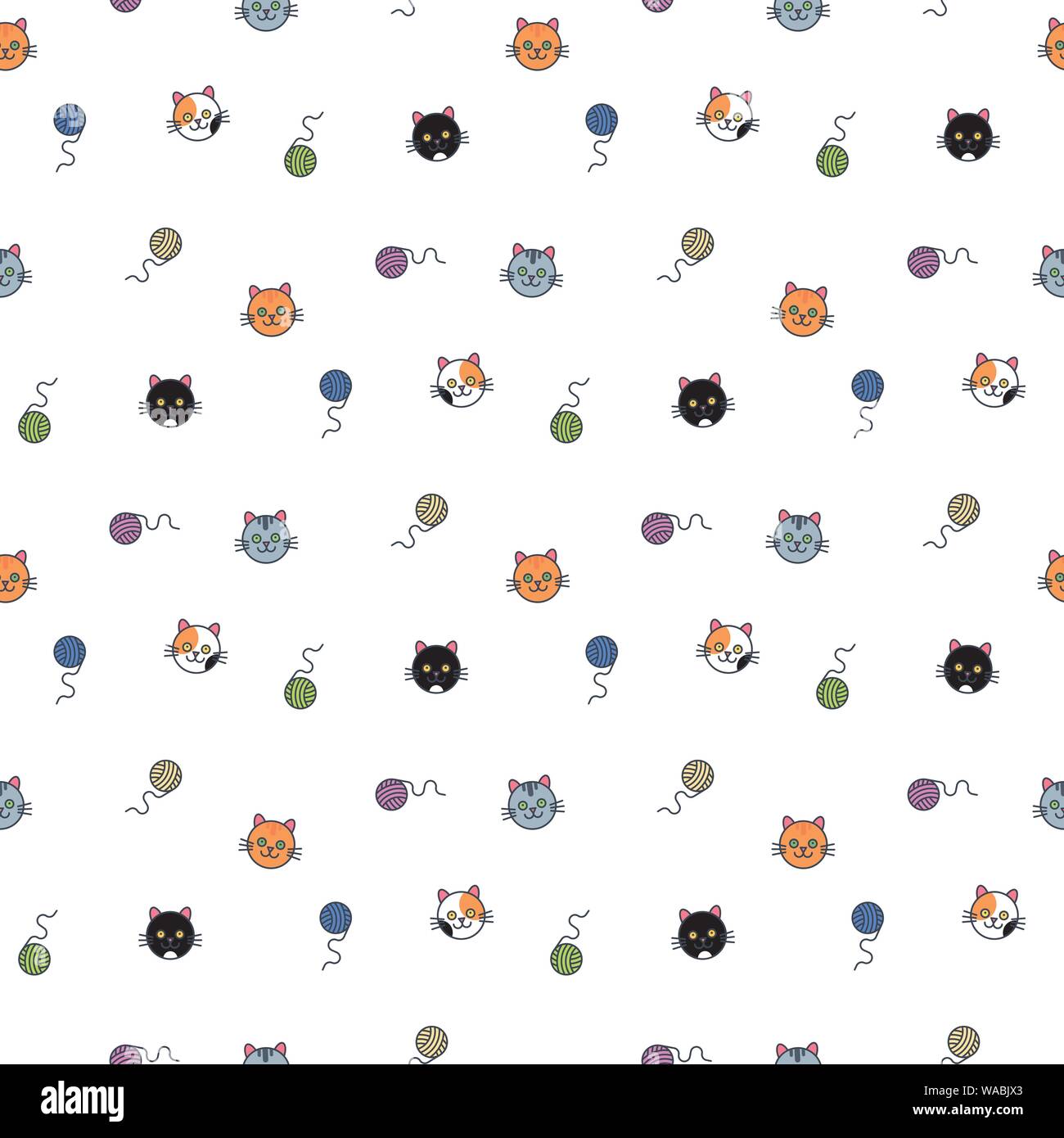 Süße Katze Gesichter und Kugeln aus Wolle Vektor nahtlose Hintergrundbilder Muster. Lustige Kätzchen Hintergrundbild Stock Vektor