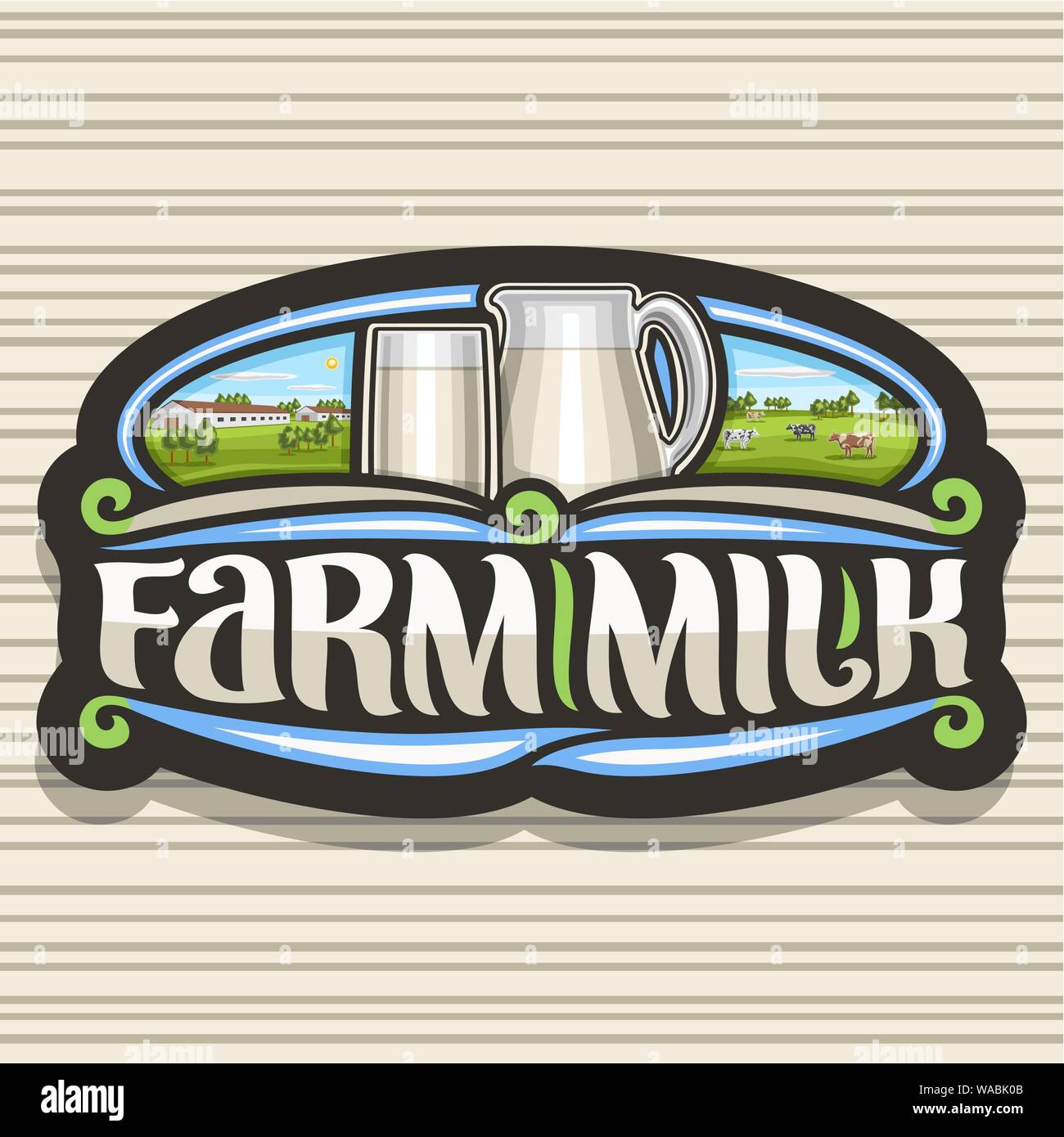 Vektor logo für Bauernhof Milch, dunkel dekorative Tag mit Abbildung der Reinheit Milchsäure Joghurt in der Kanne und vollen Glas, original Schriftzug für Wörter farm mil Stock Vektor
