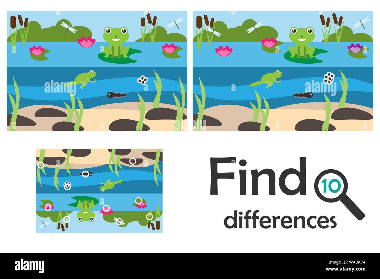 Finden Sie 10 Unterschiede, Spiel für Kinder, Teich mit Frosch Cartoon, Bildung Spiel für Kinder, Vorschule Arbeitsblatt Aktivität, Aufgabe für die Entwicklung der Stock Vektor