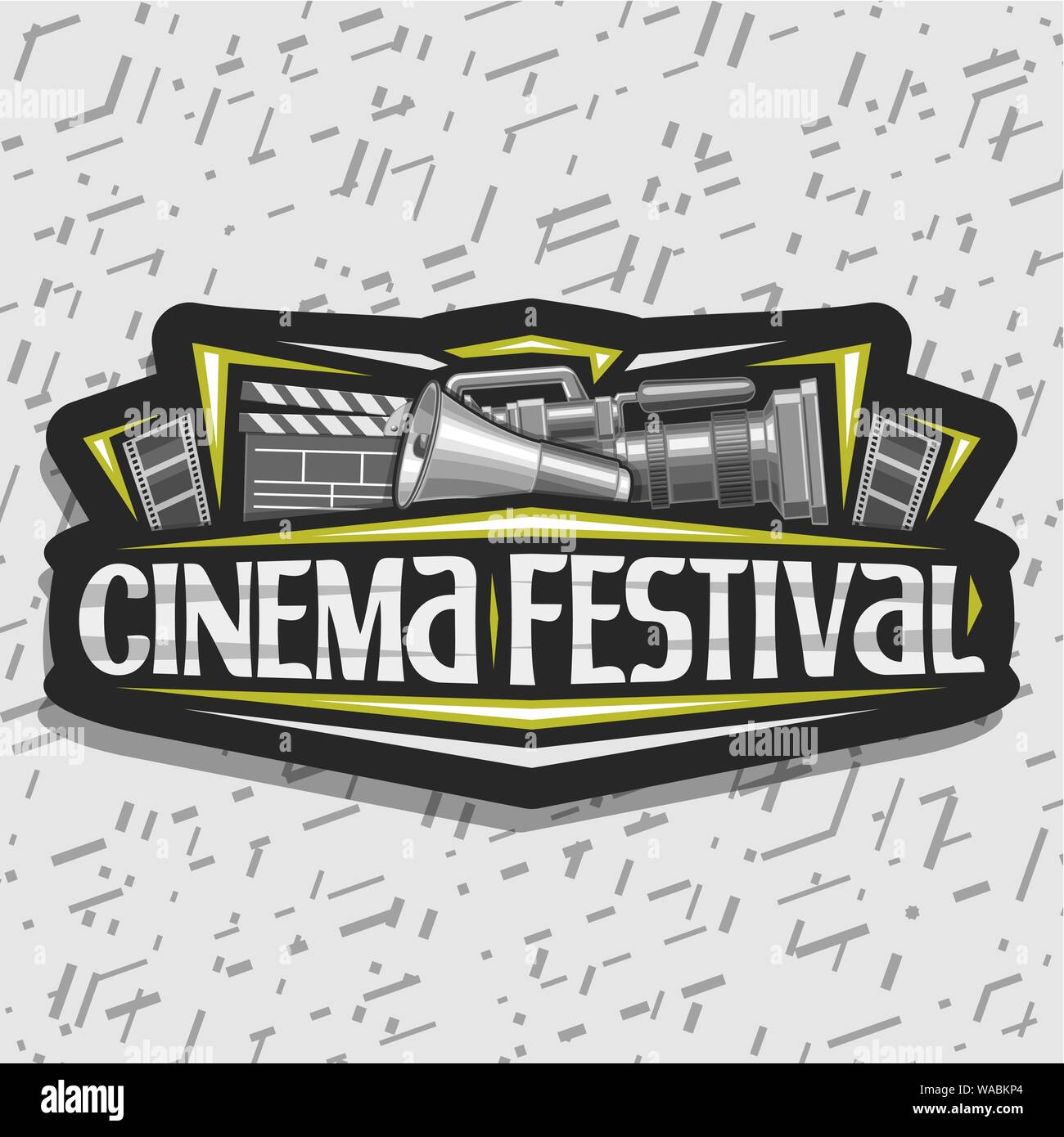 Vektor logo für Cinema Festival, schwarz dekorative Beschilderung mit professioneller Ausrüstung, Trompete, Schriftzüge für Wörter Cinema Festival, Kranke Stock Vektor