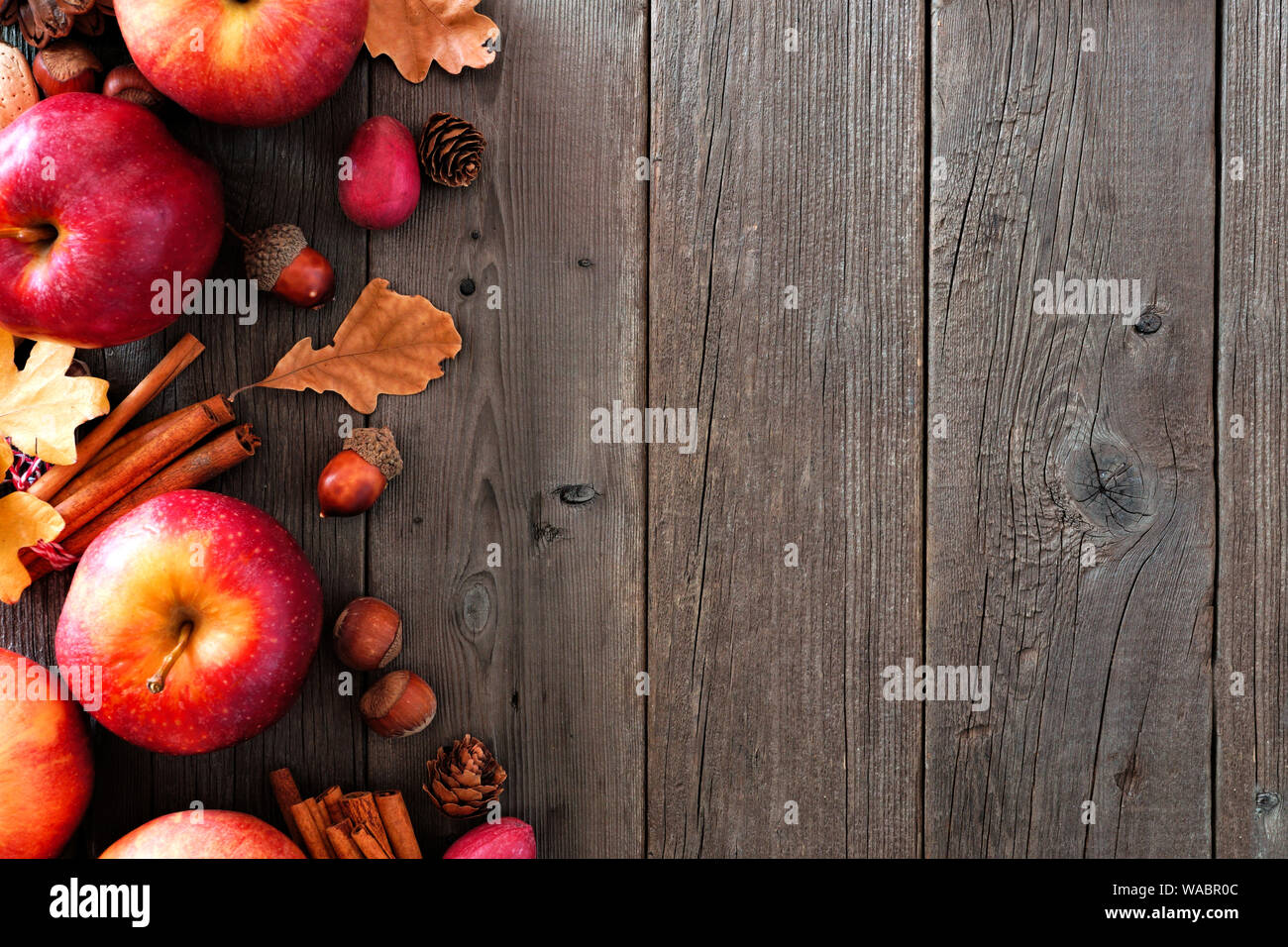 Herbst Seite Grenze von Äpfeln und fallen Zutaten auf einem rustikalen, mit Holz Hintergrund mit Kopie Raum Stockfoto