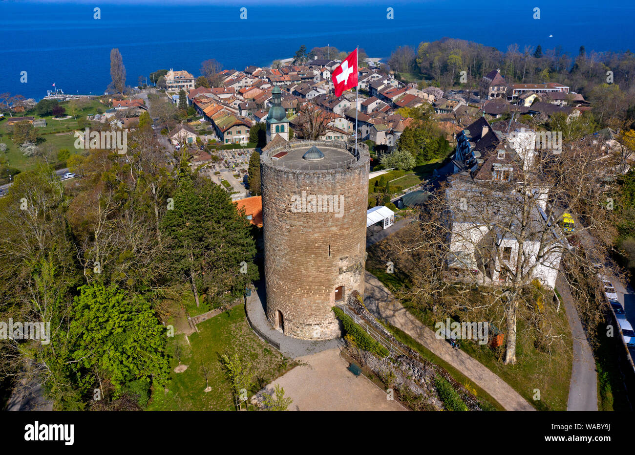 Schweizer Weltkulturerbe Bad Durrheim am Genfer See mit den runden Wachturm der mittelalterlichen Festung, Bad Durrheim, Kanton Genf, Schweiz Stockfoto