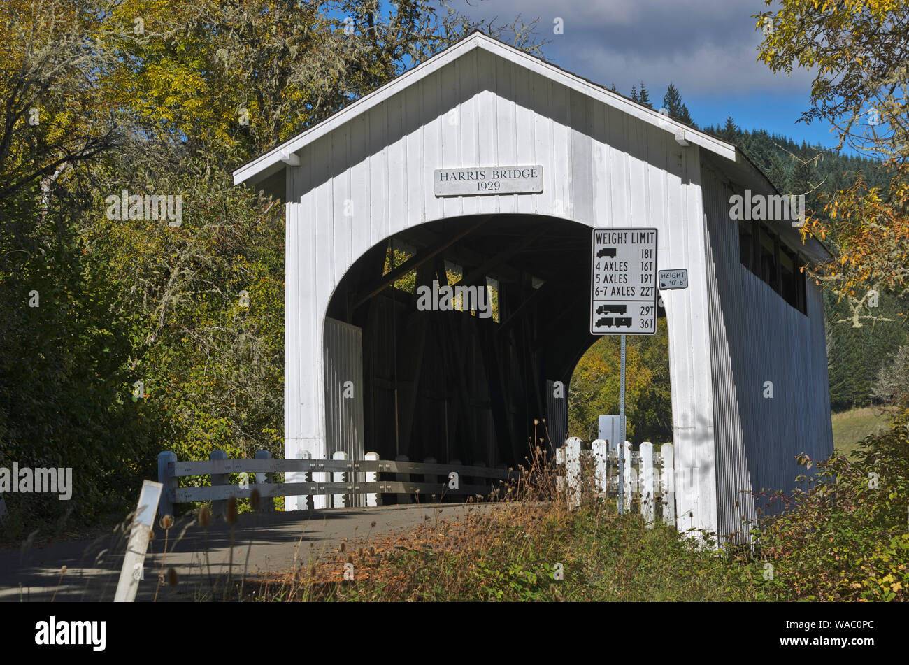 Oder: Benton County, Coast Range, Marys River, Harris Covered Bridge. Das 1929 erbaute original Brücke trägt noch den Verkehr. [Bitte für #278.621. Stockfoto