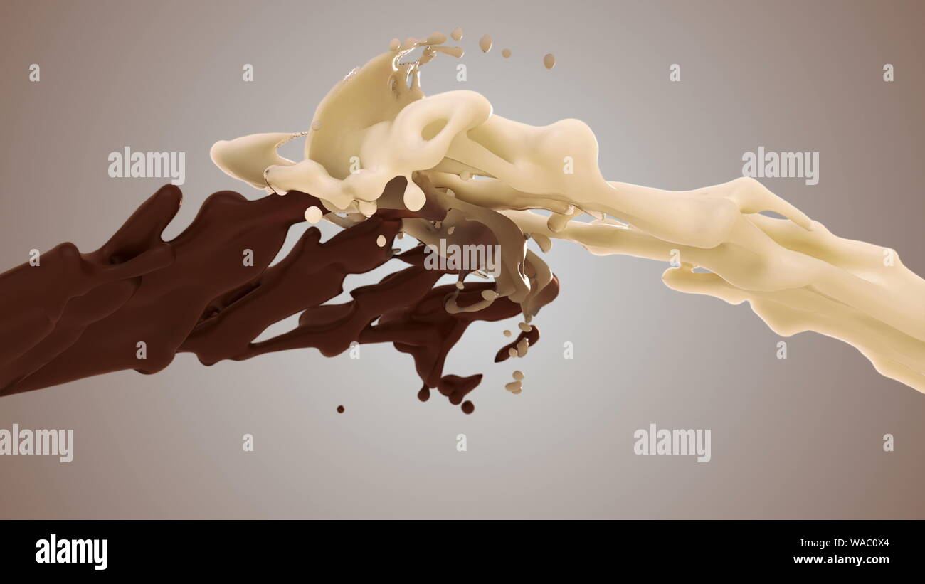 Milch und Schokolade splash in Zeitlupe. 3D-Abbildung: weiße und braune Flüssigkeit creme Tropfen Splash isoliert auf Grau. 4K helle weiße und dunkle des Stockfoto