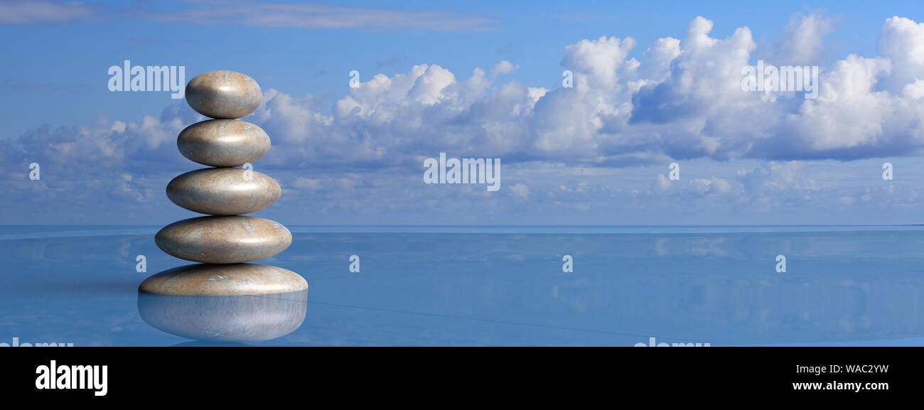 Zen Steine Reihe von großen zu kleinen im Wasser mit blauen Himmel und ruhige Landschaft Hintergrund. 3D-Darstellung Stockfoto