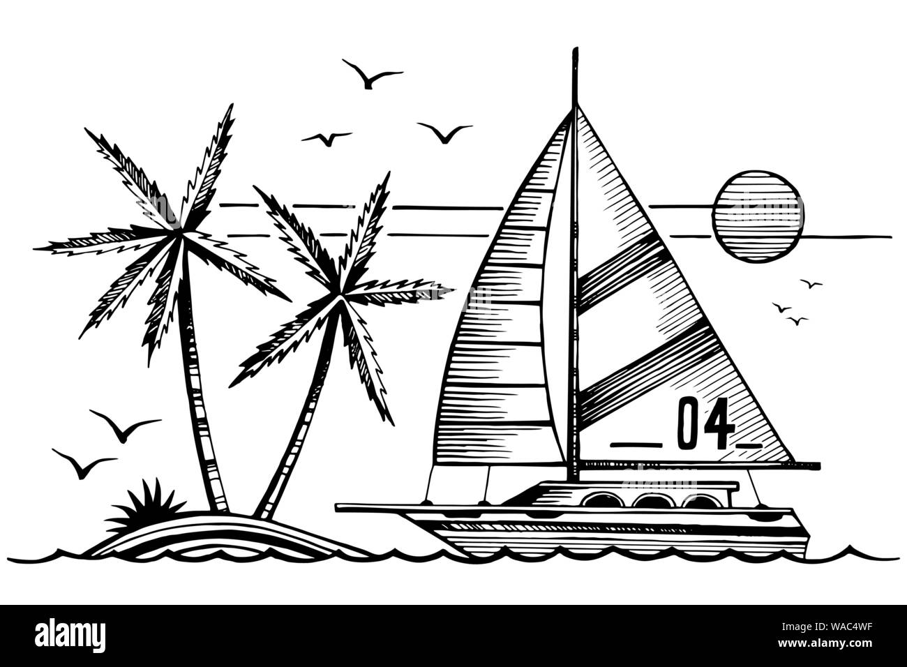 Segelyacht und Insel im Meer Skizze Stock Vektor