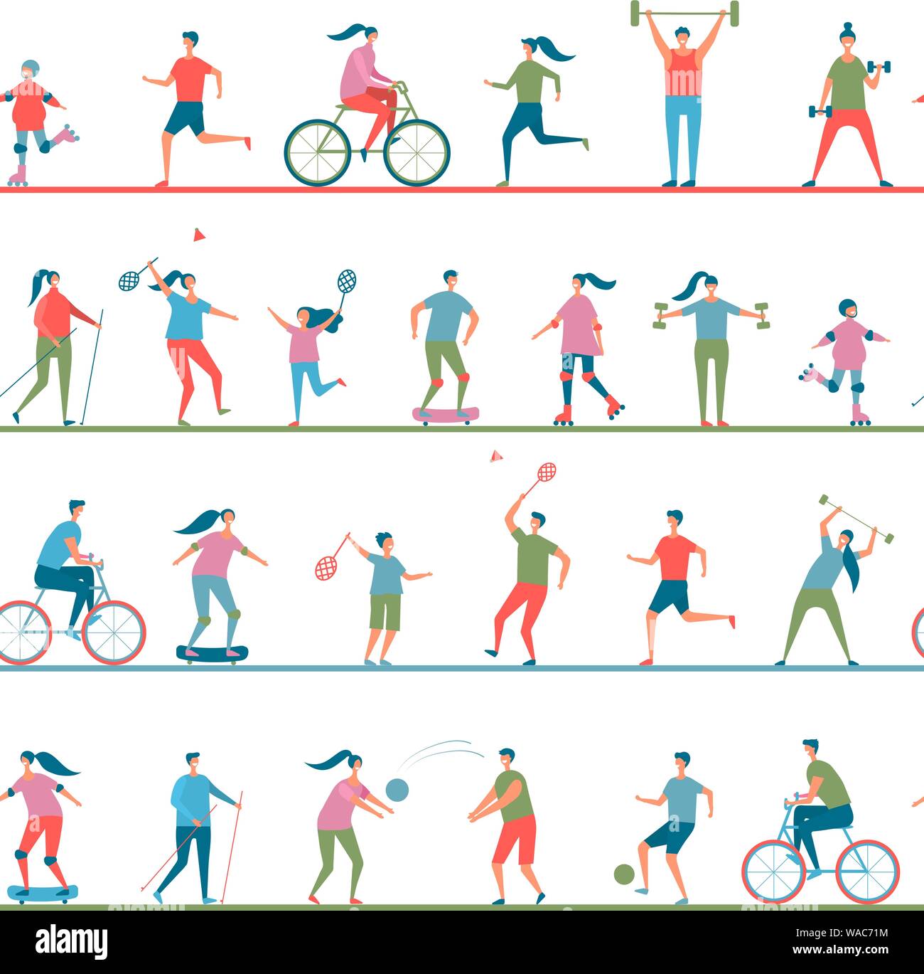 Leute, Aktivität und Sport im flachen Design Vector Illustration. Menschen gehen in den Park. Kinder Sport treiben, Fußball, Badminton Stock Vektor
