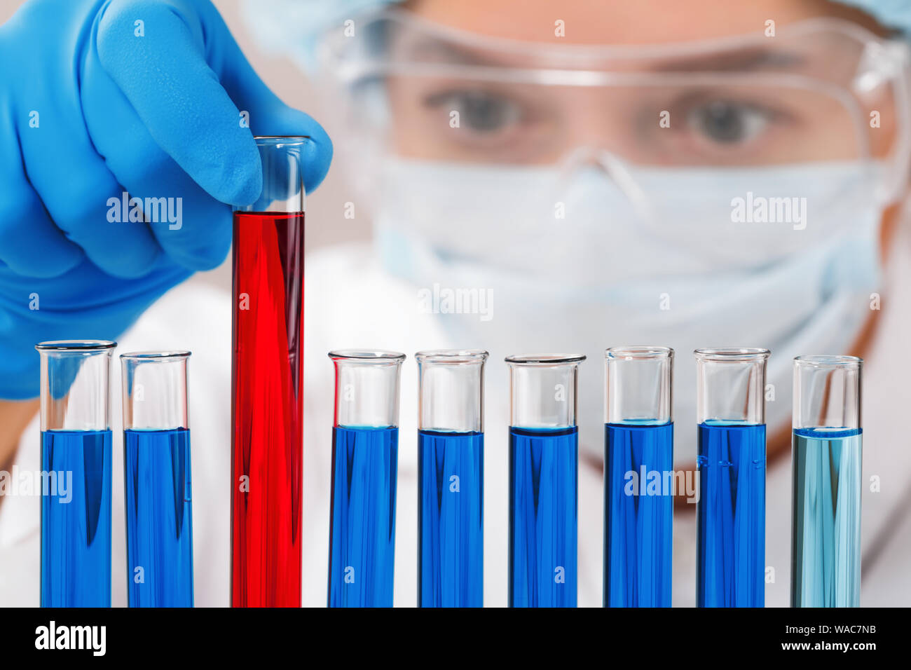 In einem Chemielabor, eine Frau prüft Reagenzgläser. Medizinischen Experiment. Chemiker in Schutzbrille arbeiten an einem Test. Stockfoto