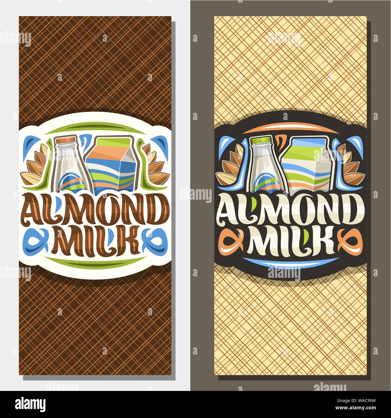 Vektor Banner für Mandelmilch, Vorlagen mit Abbildung: volle Flasche und Karton von Ernährung, Milch, ganze und halbe getrocknete Nüsse, Schriftzüge für Aa Stock Vektor