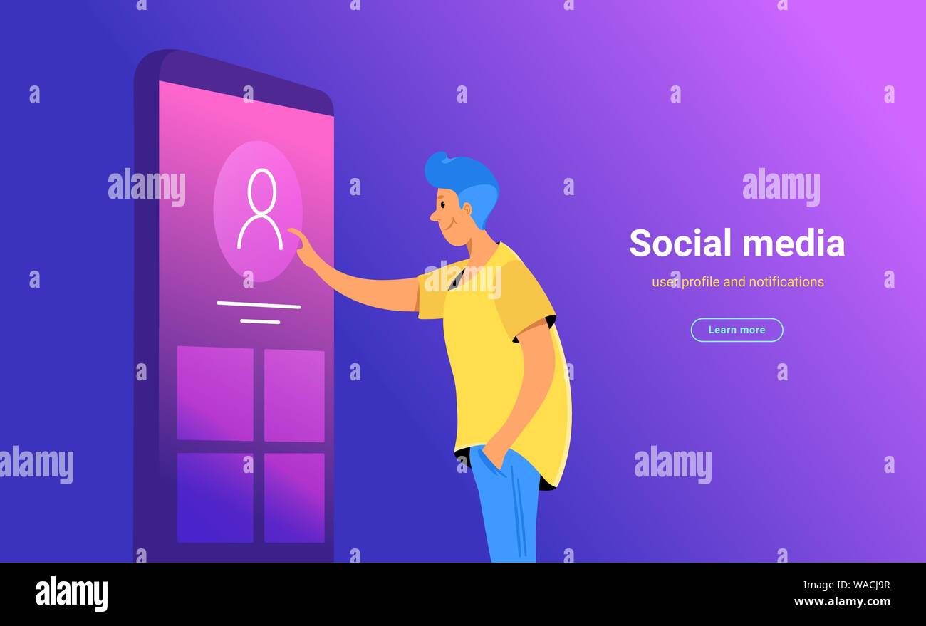 Social Media Account Profil Konzept vector Abbildung: Der junge Mann stand in der Nähe von Big Smartphone und Aktualisierung seiner Profilseite auf soziale Netzwerke sc Stock Vektor