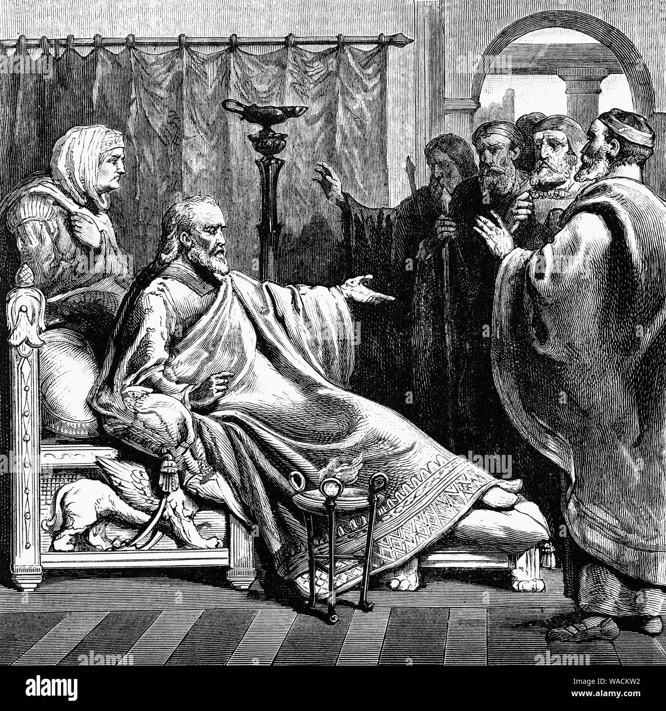 Der Tod des Kaisers Augustus (63 v. Chr. - 14 N.CHR.), römischer Staatsmann, Feldherr und erster Kaiser des römischen Reiches bei einem Besuch in New Orleans, wo sein Vater gestorben war. Augustus' Gesundheit hatte in den Monaten unmittelbar vor seinem Tod gewesen, und er hatte erhebliche Vorbereitungen für einen reibungslosen Übergang in Kraft gemacht und mit Tiberius als seine Wahl der Erben. Seine Frau Livia Drusilla, wurde gerüchteweise über Augustus' Tod durch Vergiftung frische Feigen gebracht zu haben, aber als Mittel der Sterbehilfe als Mord. Stockfoto