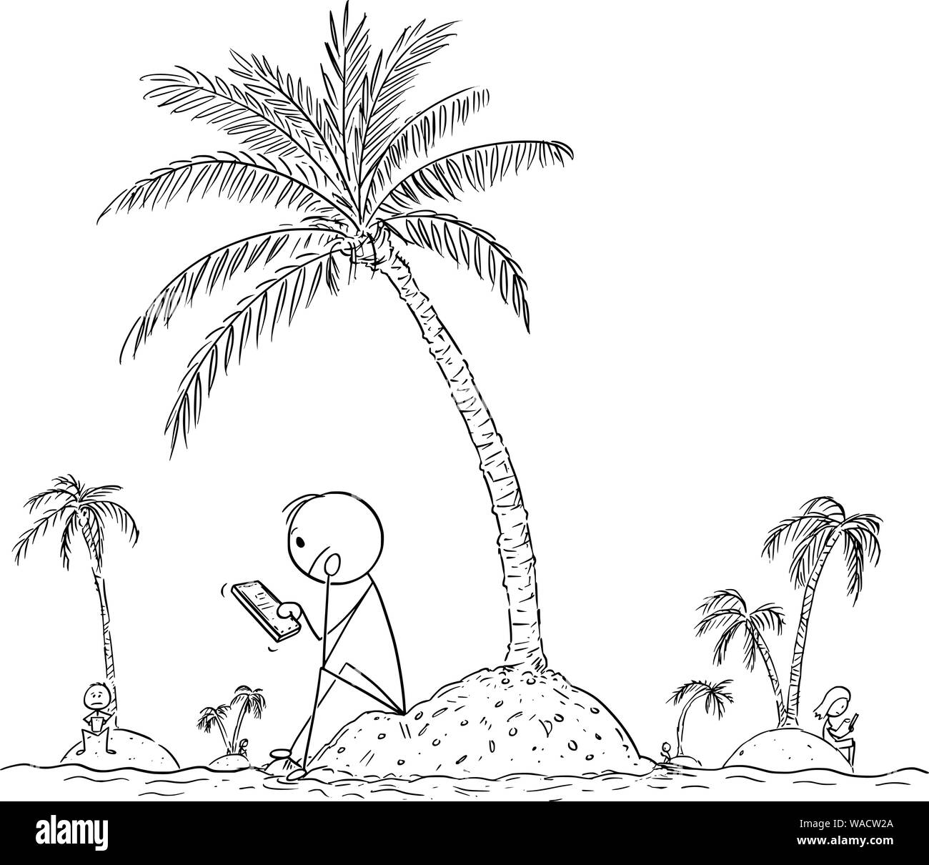 Vektor cartoon Strichmännchen Zeichnen konzeptionelle Darstellung der einsame Menschen allein sitzen auf kleinen Inseln, mit Online-Handy oder Handy und über soziale Netzwerke mit virtuellen Freunden zu chatten. Stock Vektor