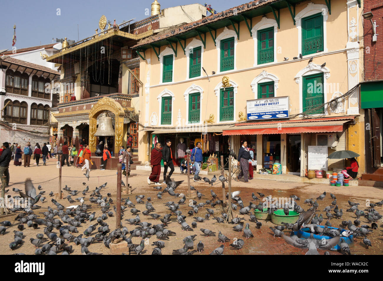 Tauben füttern vor den Geschäften und tibetisch-buddhistischen Kloster in Boudhanath, Tal von Kathmandu, Nepal Stockfoto
