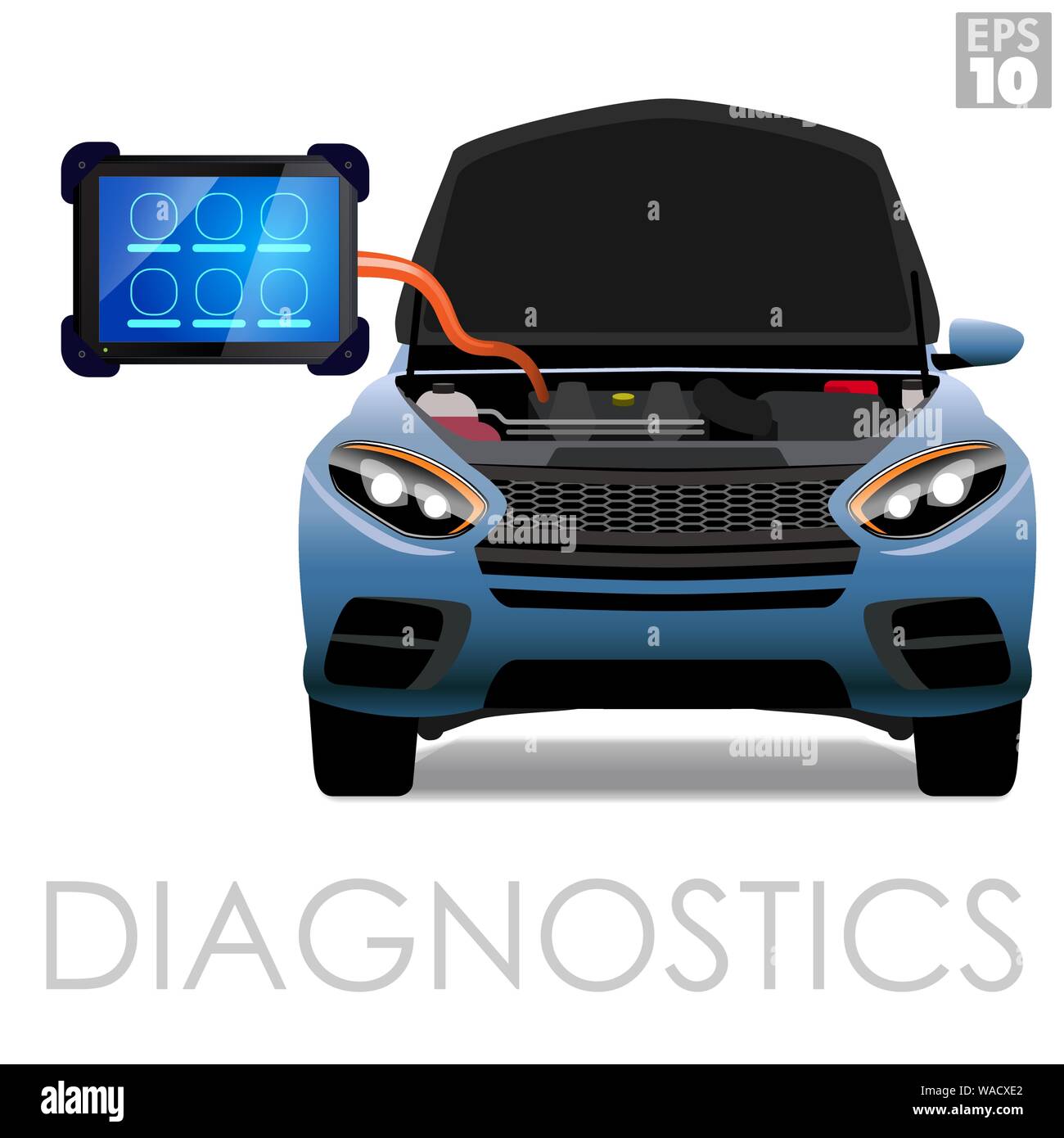 OBDII Scanner oder Händlern Diagnostics Tool auf einem offenen Motorraum eines SUV-Fahrzeug für die Instandsetzung oder Instandhaltung verwendet. Stock Vektor
