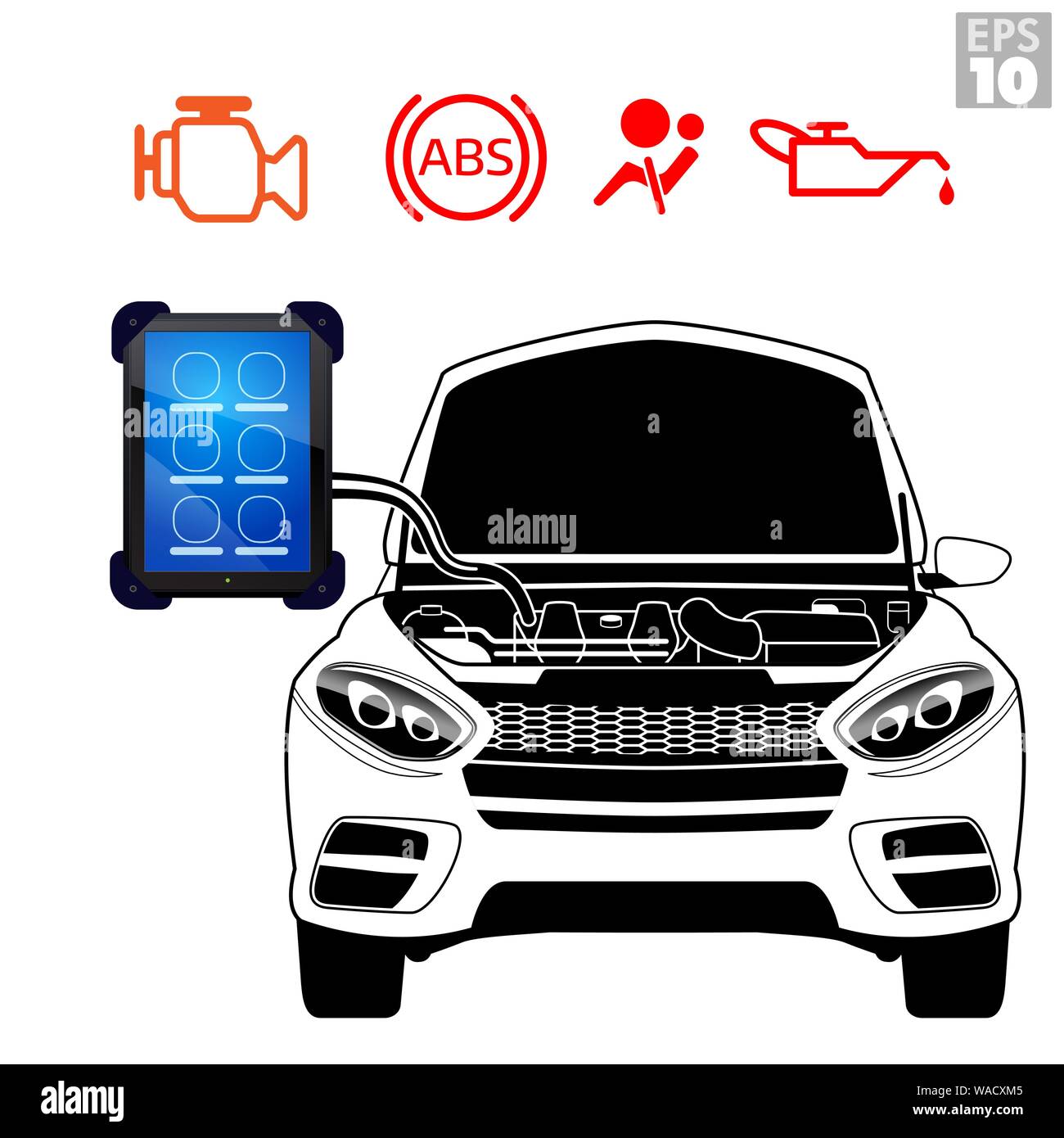 SUV check Engine Light, ABS, Airbag, Motoröl, OBDII scanner Tool auf einem offenen Motorraum des Fahrzeugs für Reparaturen verwendet werden. Stock Vektor