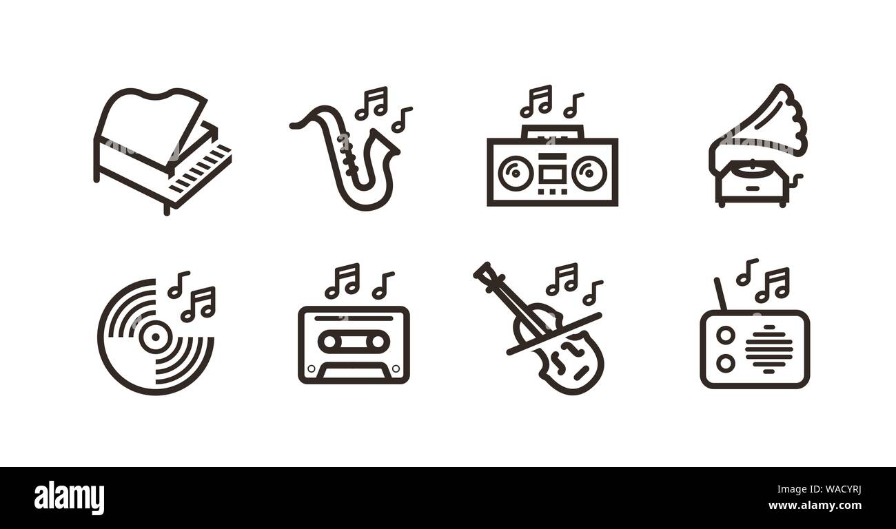 Musik, Zeilensymbole eingestellt. Sammlung Vektor schwarz Umriss Logo für mobile Apps Web-oder Website-Design Stock Vektor