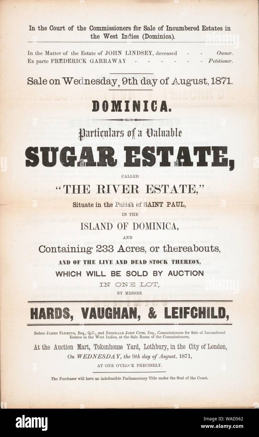 Dominica, Angaben eines wertvollen Zucker Immobilien - genannt "Der Fluss Immobilien", die sich in der Pfarrei des heiligen Paulus, auf der Insel Dominica, und mit 233 Hektar Einpegelt und der hte Stockfoto