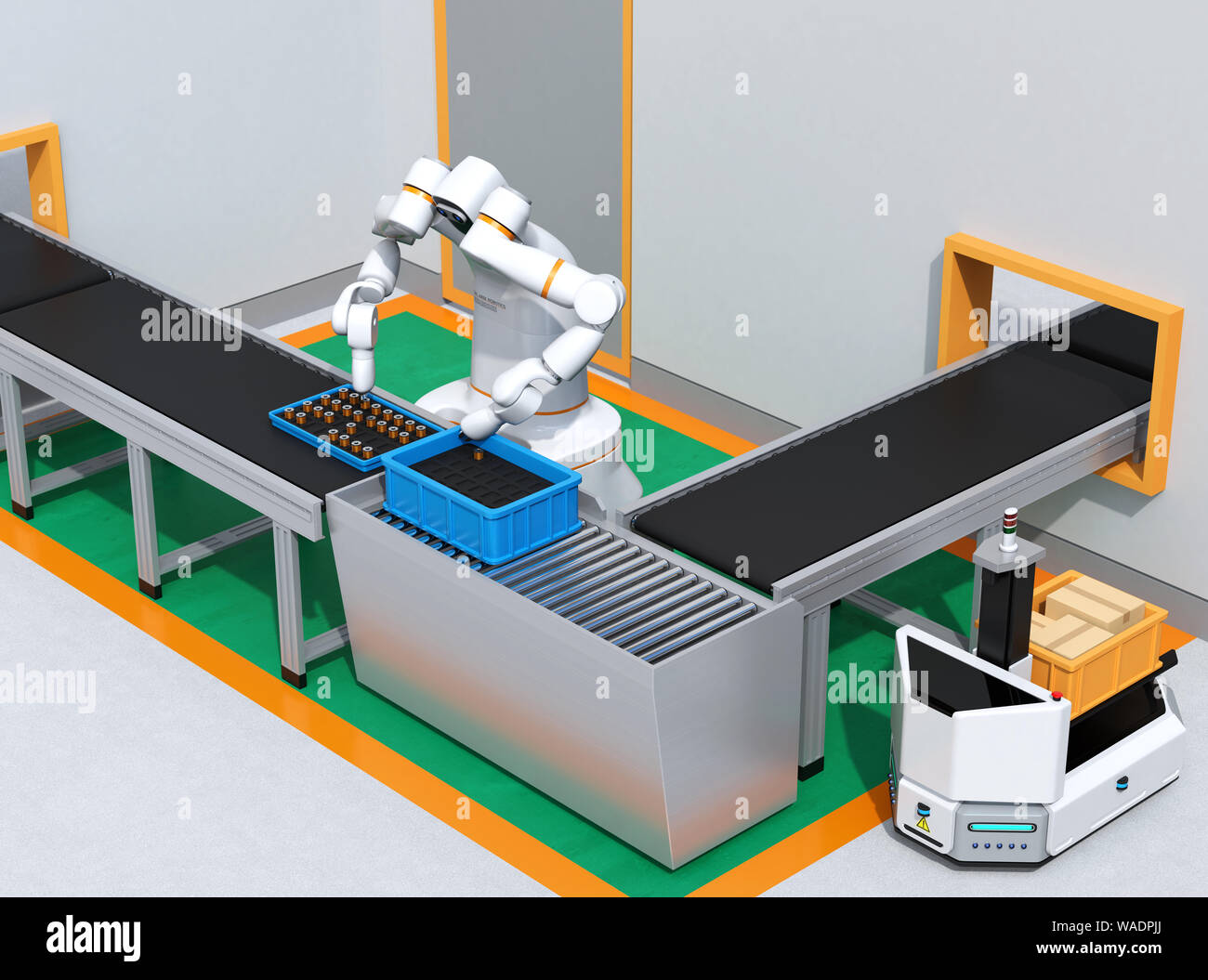 Dual-Roboter des Motors der Spulen in der Zelle - Produktion. Kollaborative Roboter Konzept. Original Design. 3D-Bild. Stockfoto