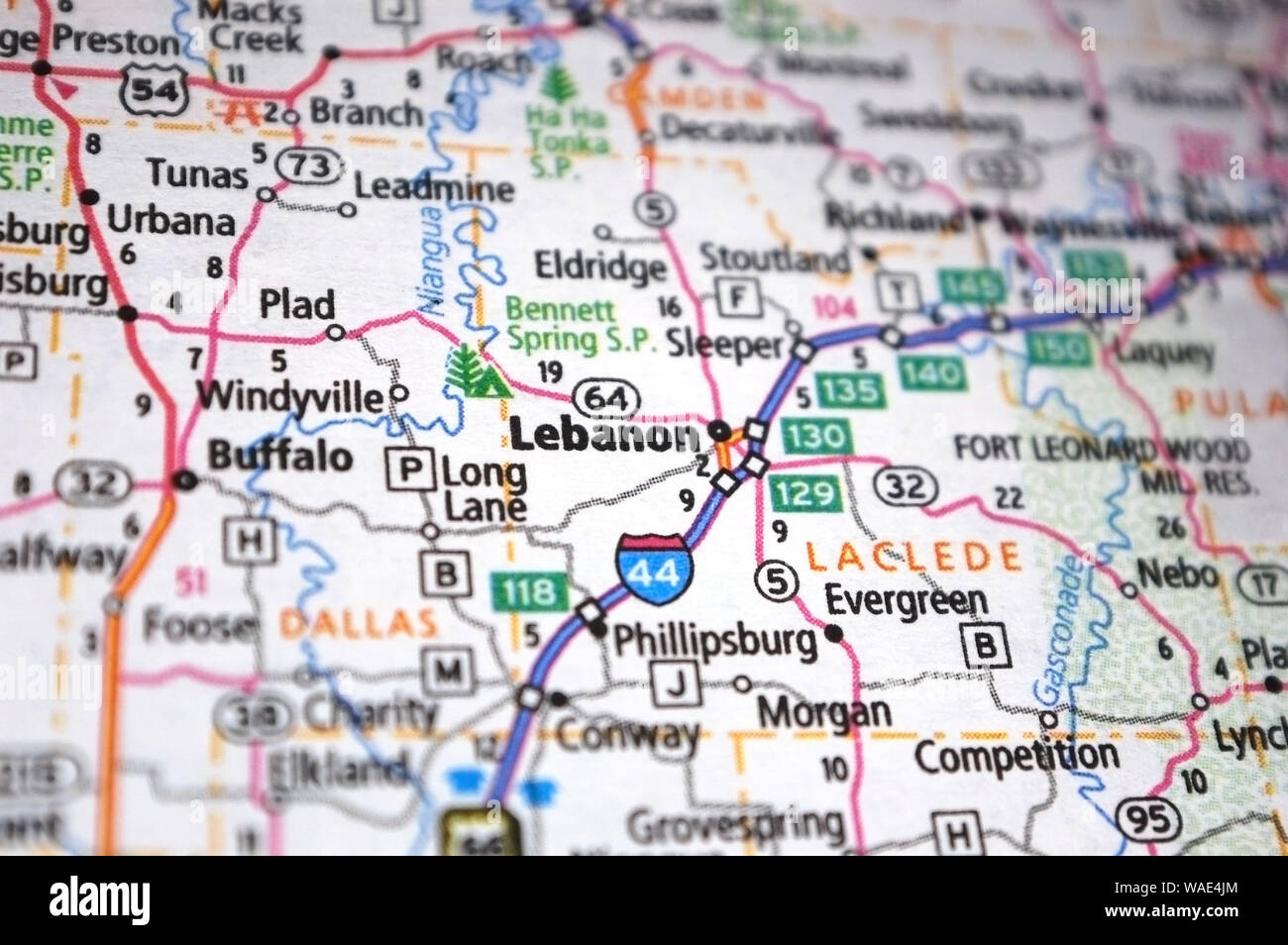 Extreme close-up des Libanon, Missouri in einer Karte. Stockfoto