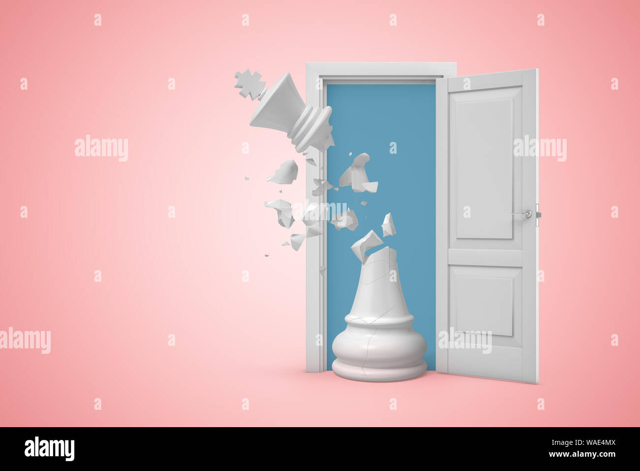 3D-Rendering von Big White Schach König mit seinen Oberen gebrochen und Stücke fliegen in die Luft, in der weißen Tür steht auf rosa Kopie Raum Hintergrund. Politische Stockfoto