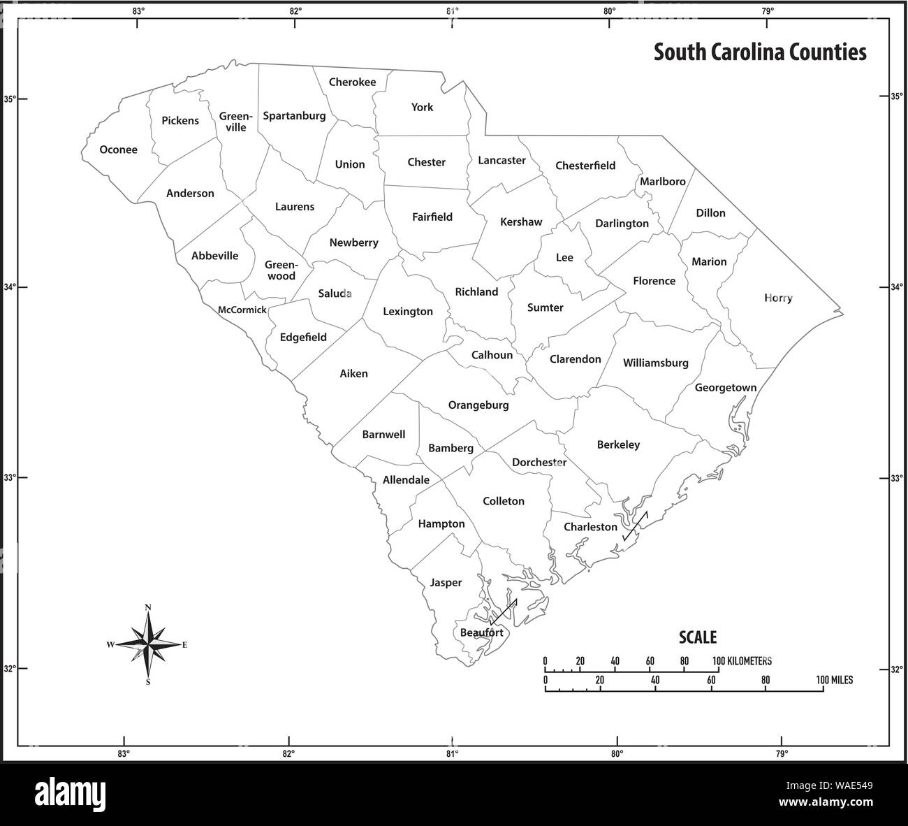 South Carolina State Umrisse administrative und politische Karte in Schwarz und Weiß Stock Vektor