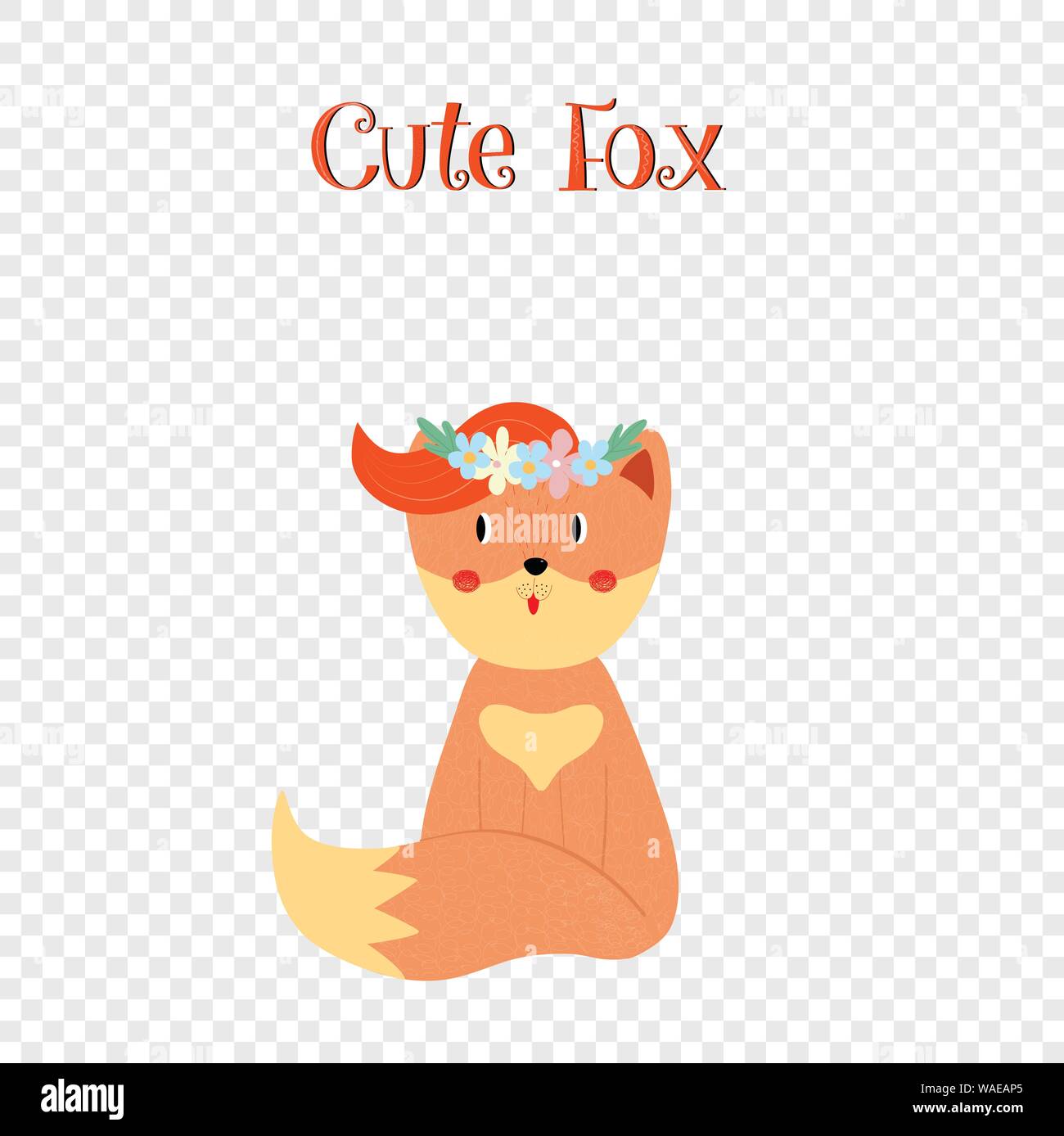 Cute Fox mit Ingwer forelock in Blumenkranz auf transparentem Hintergrund sitzen, süßes Tier für Baby Design. Cartoon flachbild Vektor Hand zeichnen Stock Vektor