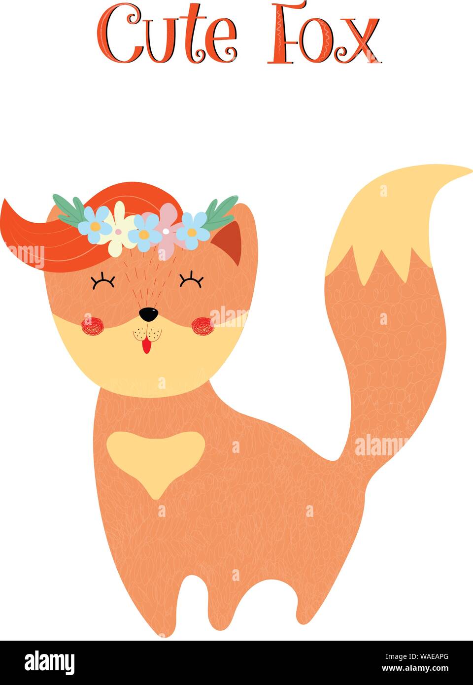 Cute Fox in floralen Kranz auf weißem Hintergrund, kawaii baby girl Tier Karte, Ingwer lächelnd Fox mit Blumen und haarigen Schwanz. Cartoon Flachbild vec Stock Vektor
