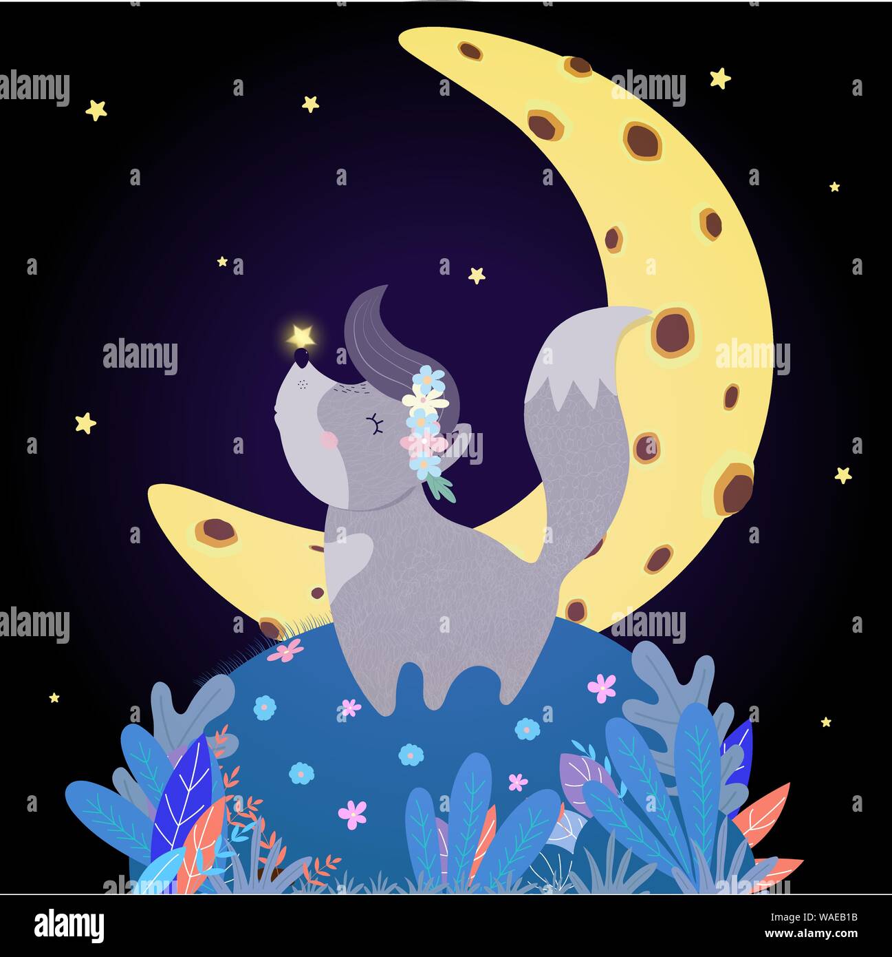 Lustig Wolf Howl am Mond. Lustige Kawaii Baby Wolfling Cub in Blumenkranz mit leuchtenden Stern auf der Nase auf dem Feld Stand mit Pflanzen unter freiem Sternenhimmel Heulen Stock Vektor