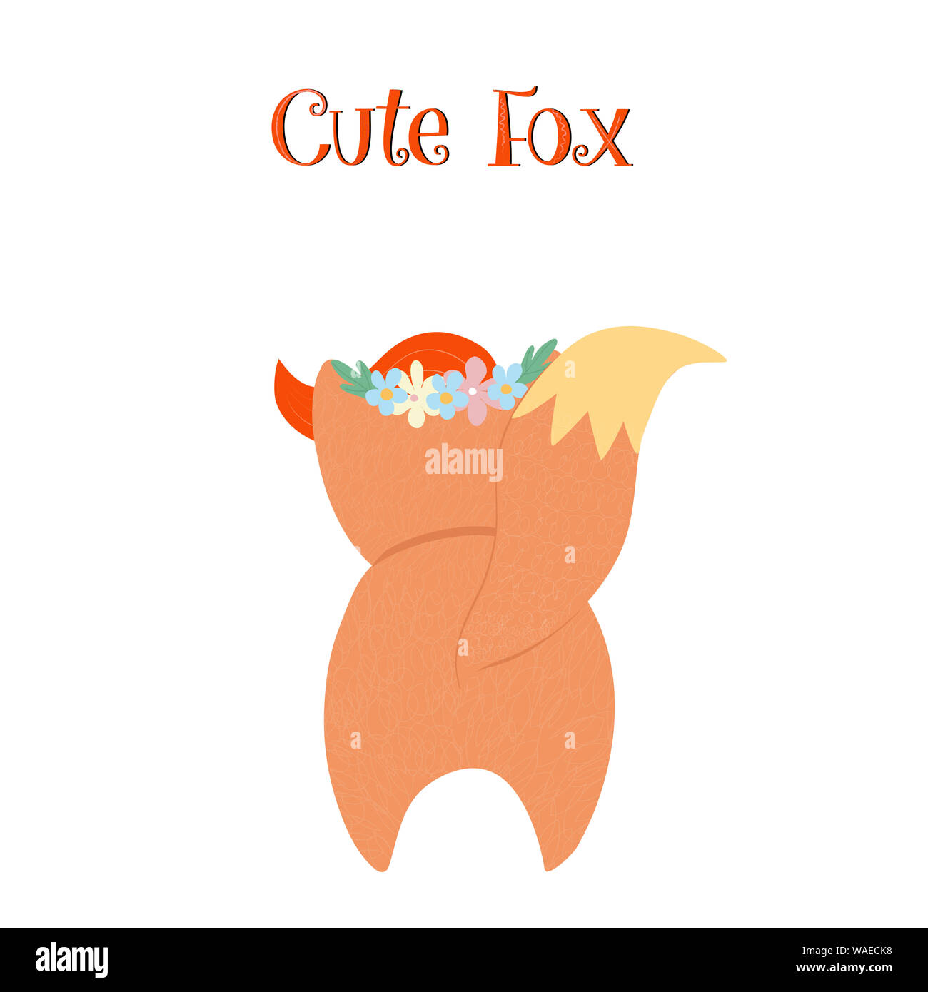 Cute fox Rückansicht auf weißem Hintergrund. Lustige kleine Fuchs in Blumenkranz Rückseite, Charakter für Kinder baby Design. Cartoon flache Hand gezeichnet Stockfoto