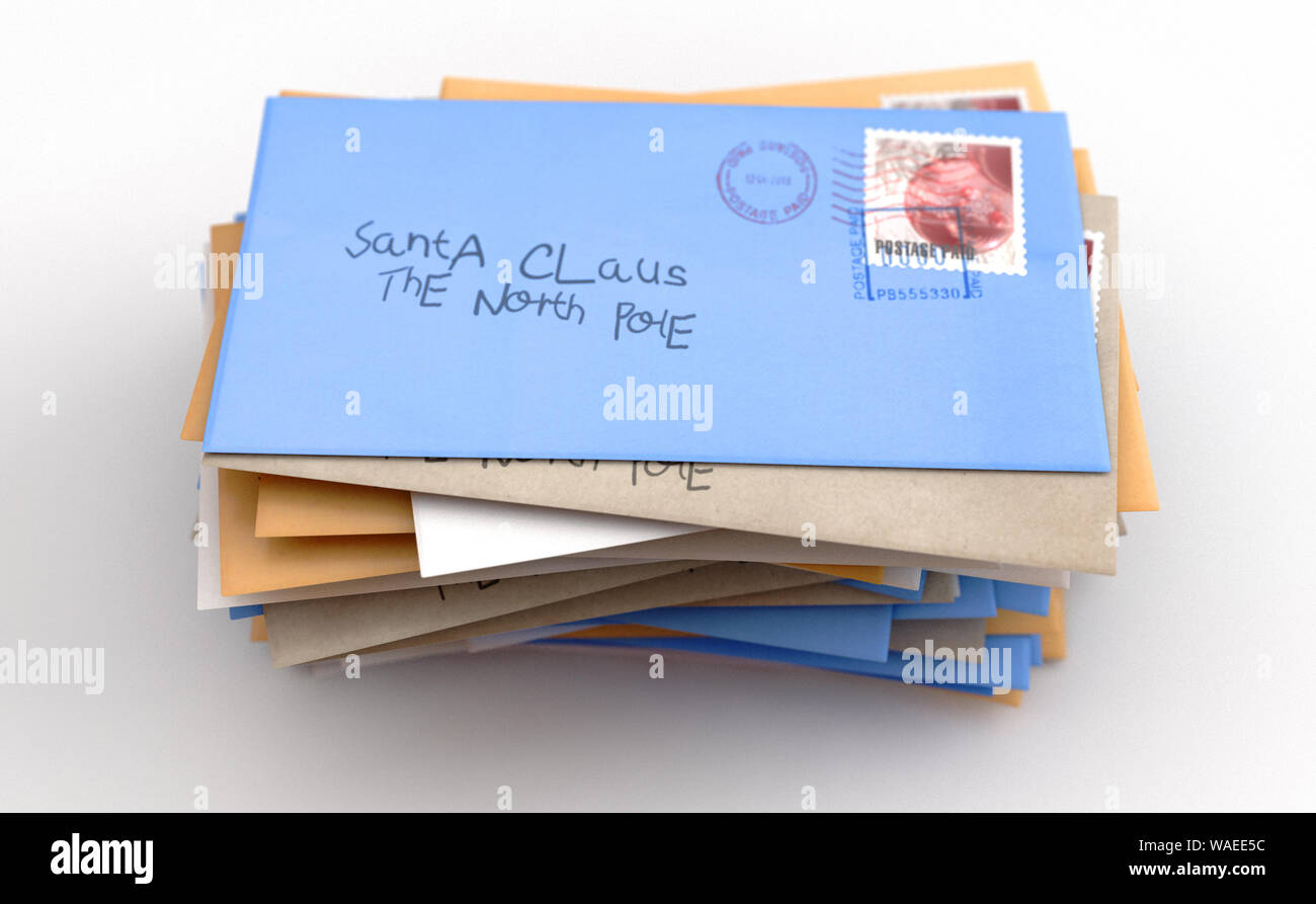 Ein Stapel von der Kinder Wunschzettel Briefe an Weihnachtsmann an den Nordpol auf einem isolierten weißen studio Hintergrund - 3D-Rendering Stockfoto
