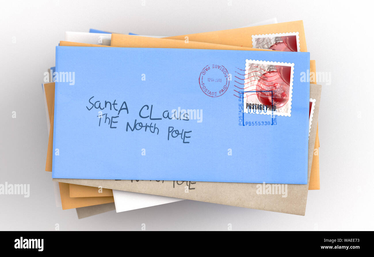 Ein Stapel von der Kinder Wunschzettel Briefe an Weihnachtsmann an den Nordpol auf einem isolierten weißen studio Hintergrund - 3D-Rendering Stockfoto