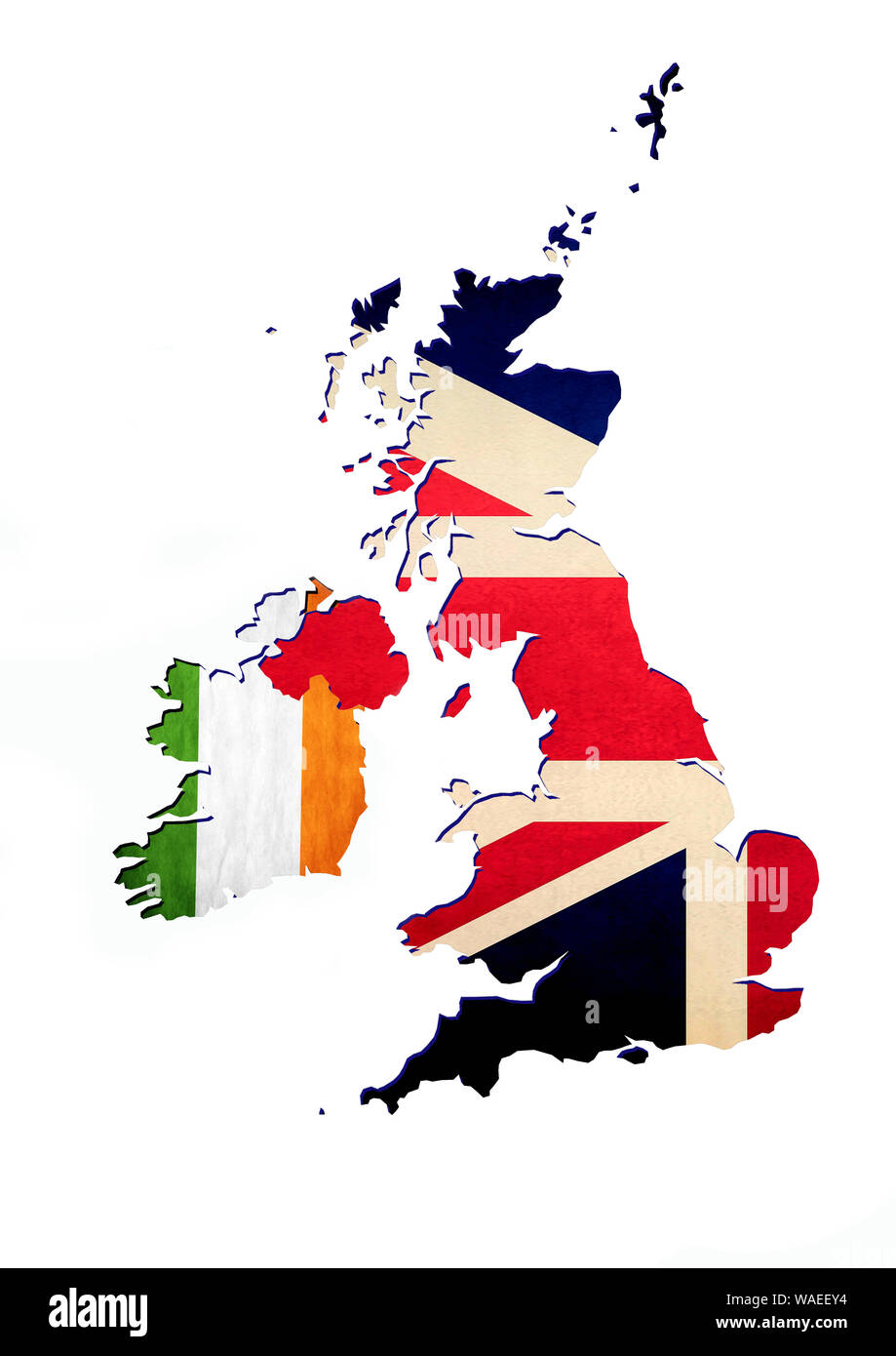 Karte von Großbritannien mit Flaggen über gelegt. Stockfoto