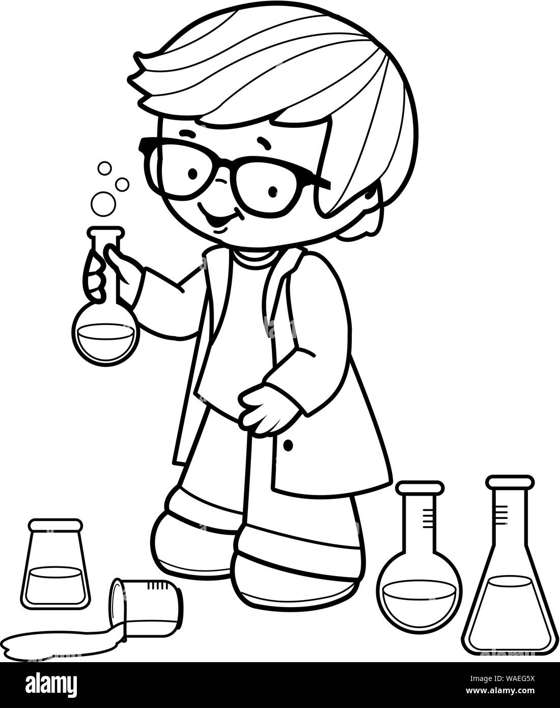 Student Boy im Chemiekurs. Kind, das wissenschaftliche Experimente macht. Vektor-Schwarzweiß-Farbseite. Stock Vektor
