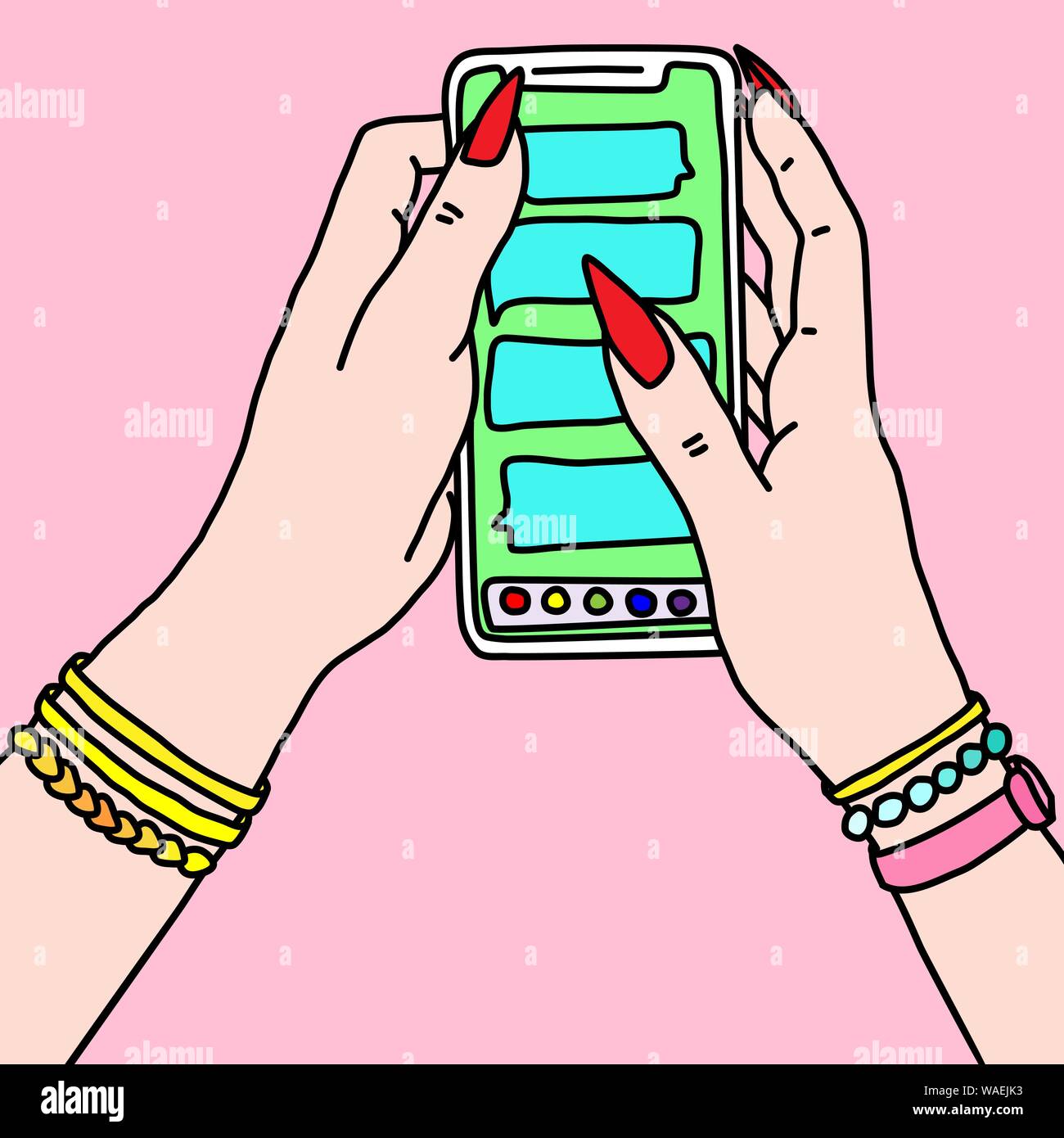 Die Hände mit langen Nägeln holding Smartphone. Frau texting Skizze. Mädchen Nachrichten gesendet. Vector Illustration. Stock Vektor
