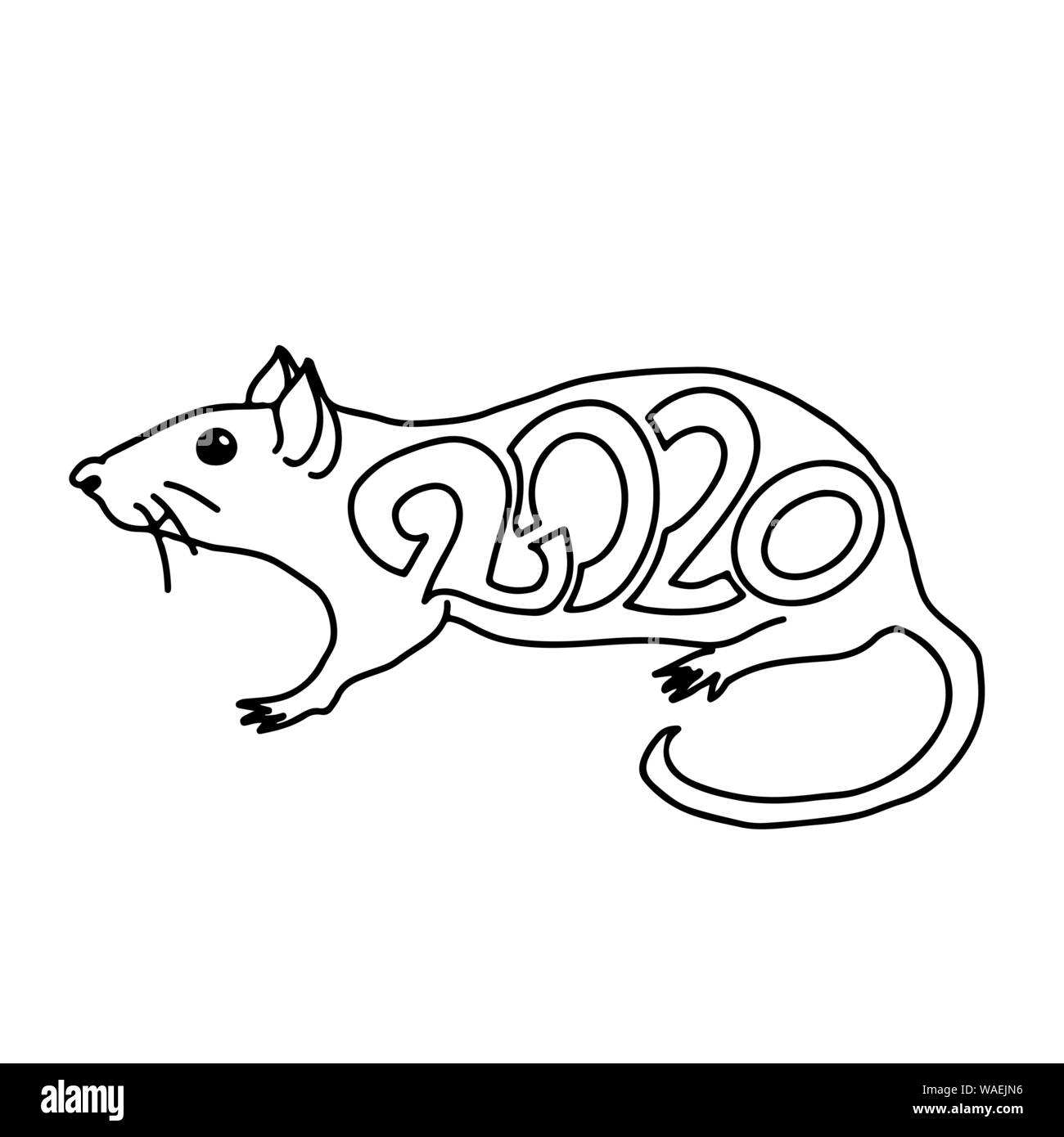 Ratte unterschreiben. Chinesische Frohes neues Jahr 2020. Schwarz und weiß Urlaub Skizze. Vector Illustration. Stock Vektor