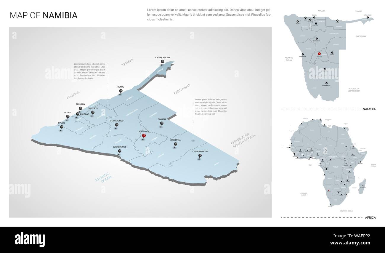 Vektor einrichten von Namibia Land. Isometrische 3d-Karte, Namibia, Afrika Karte - mit Region, Staat Namen und Städtenamen. Stock Vektor