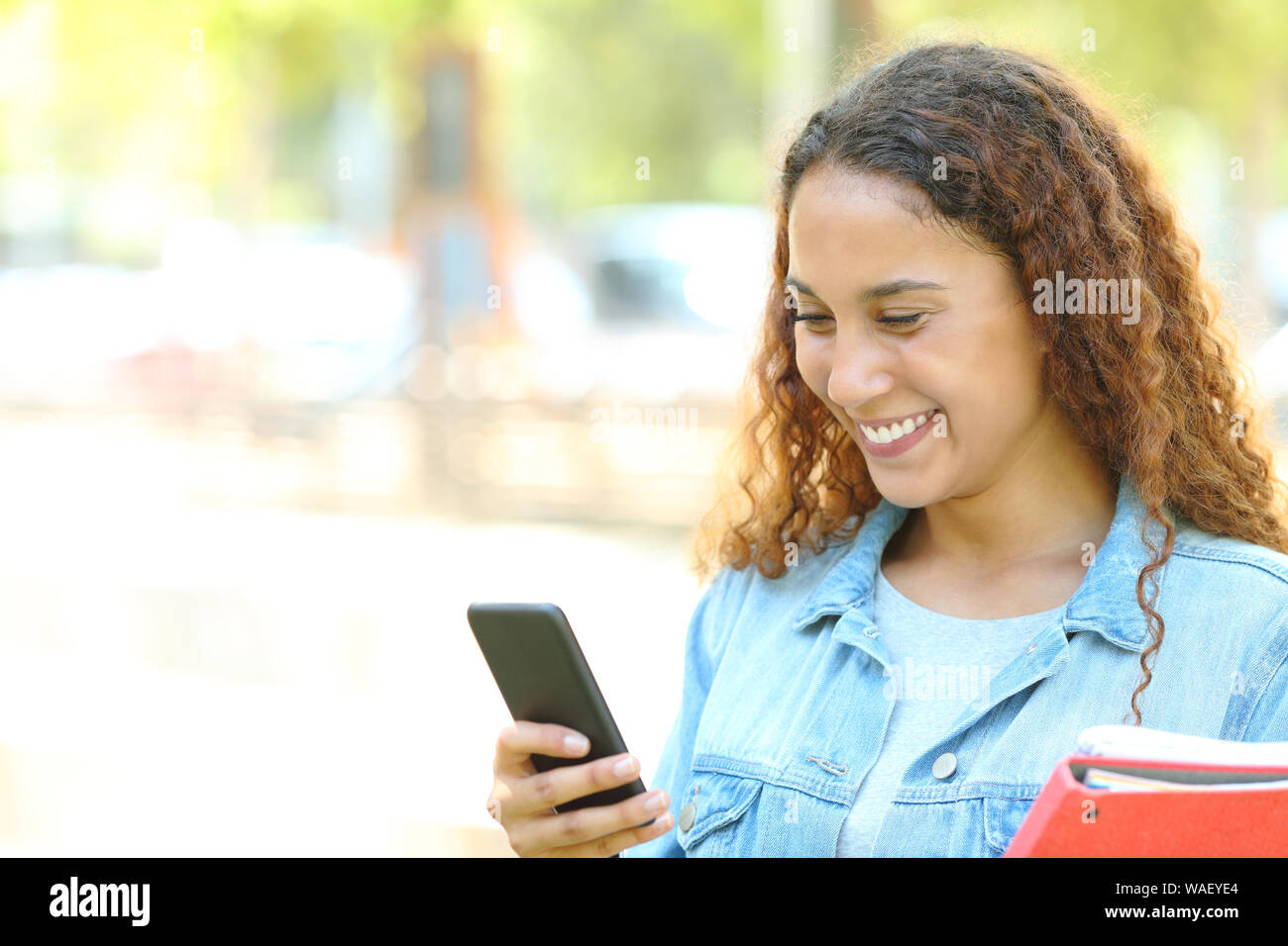 Happy Mixed Race student prüfen smart phone Inhalt in einem Park oder Campus Stockfoto