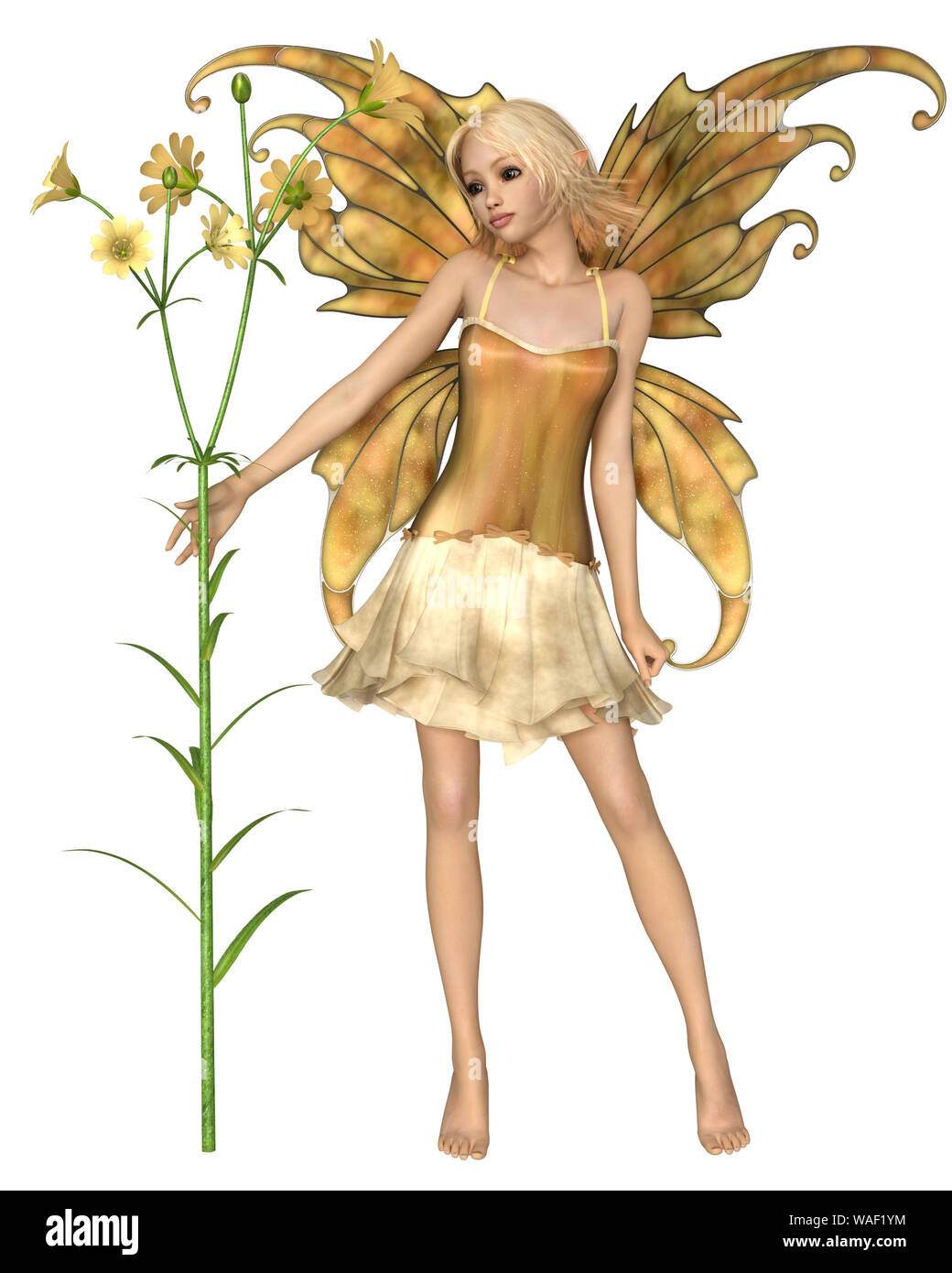 Hübsche Blonde Fee mit gelben Blumen Stockfoto