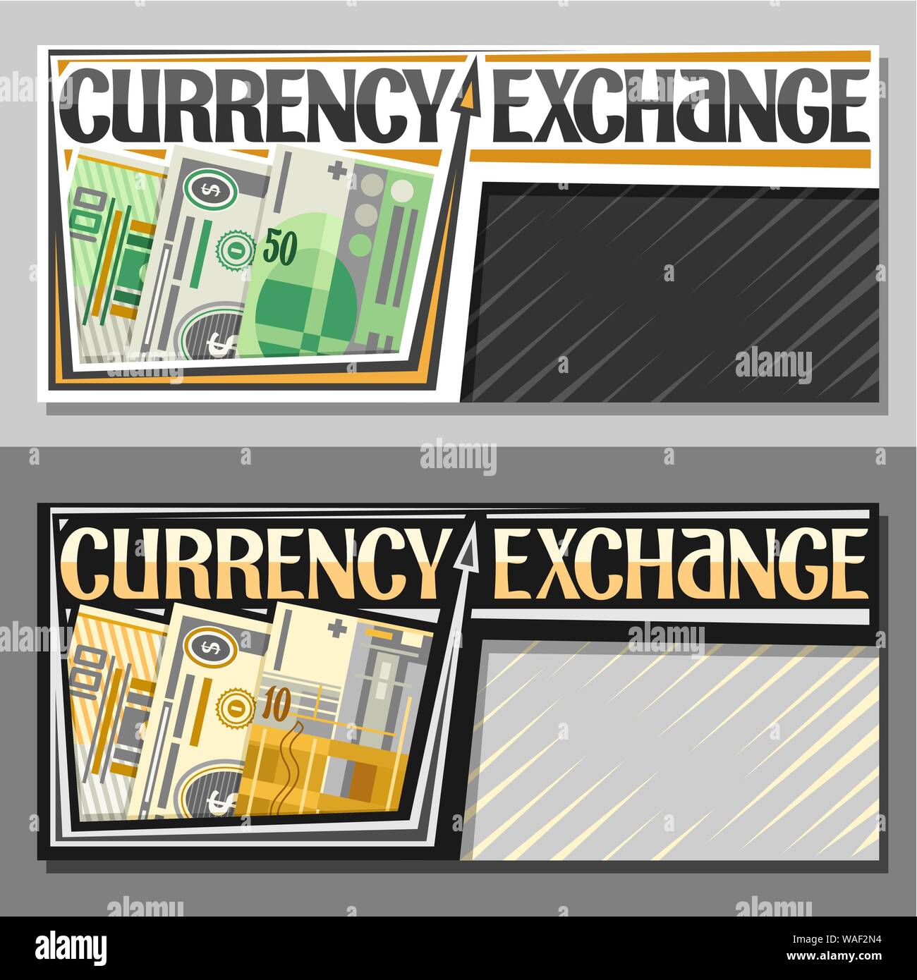 Vektor Banner für Geldwechsel, cartoon Papier Banknoten von 100 europäischen Euro, Dollar, usa und Schweizer Franken, Schriftzüge für Wörter Währungsumtausch, Stock Vektor