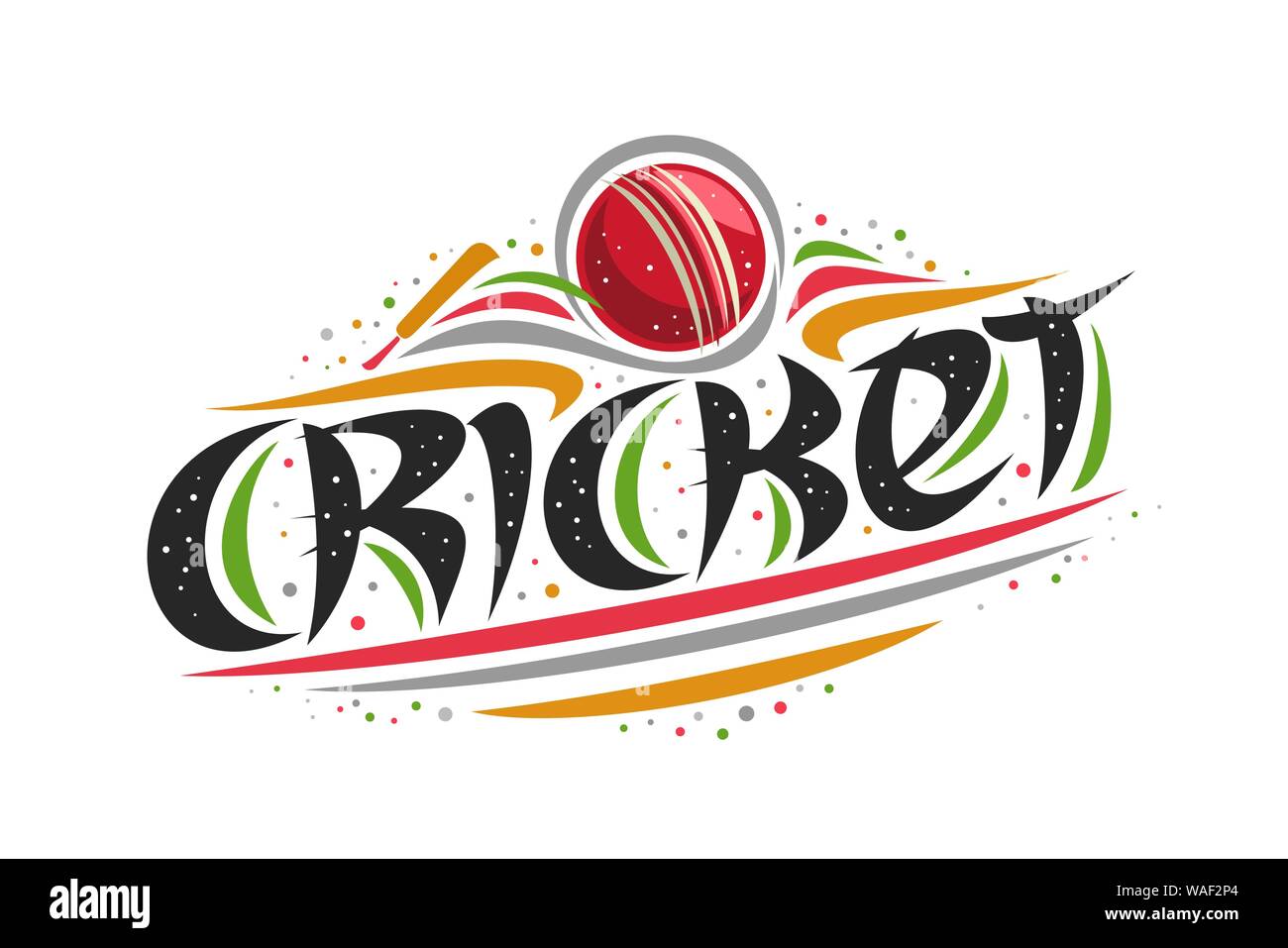 Vektor logo für Cricket Sport, kreative Kontur Abbildung des Schlagens der Ball im Ziel, original dekorative Pinsel Schrift für Wort Cricket, vereinfachende Stock Vektor