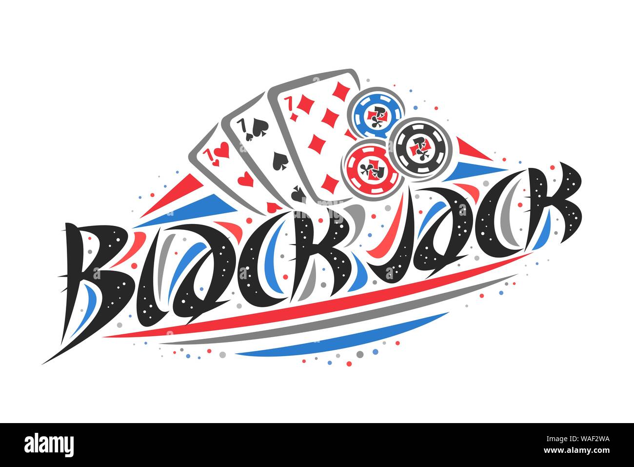 Vektor logo für Blackjack, kreative Darstellung der drei Siebener der verschiedenen Anzüge, original dekorative Pinsel Schrift für Wort Blackjack, vereinfachende Stock Vektor