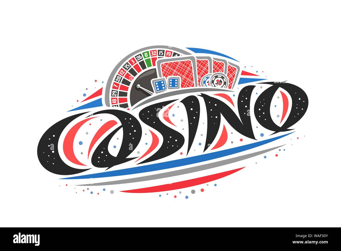 Vektor logo für Casino, kreative Grenzen Abbildung: Europäisches roulette Rad, original dekorative Pinsel Schriftzug für Word casino, vereinfachende abst Stock Vektor
