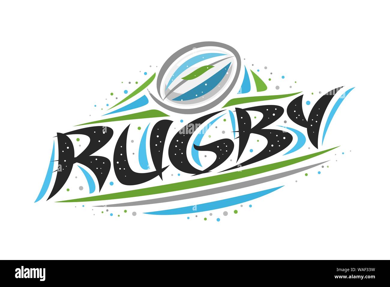 Vektor logo für Rugby Sport, kreative Darstellung des Werfens Ball im Ziel, original dekorative Pinsel Schrift für Wort Rugby, abstrakte Simpl Stock Vektor