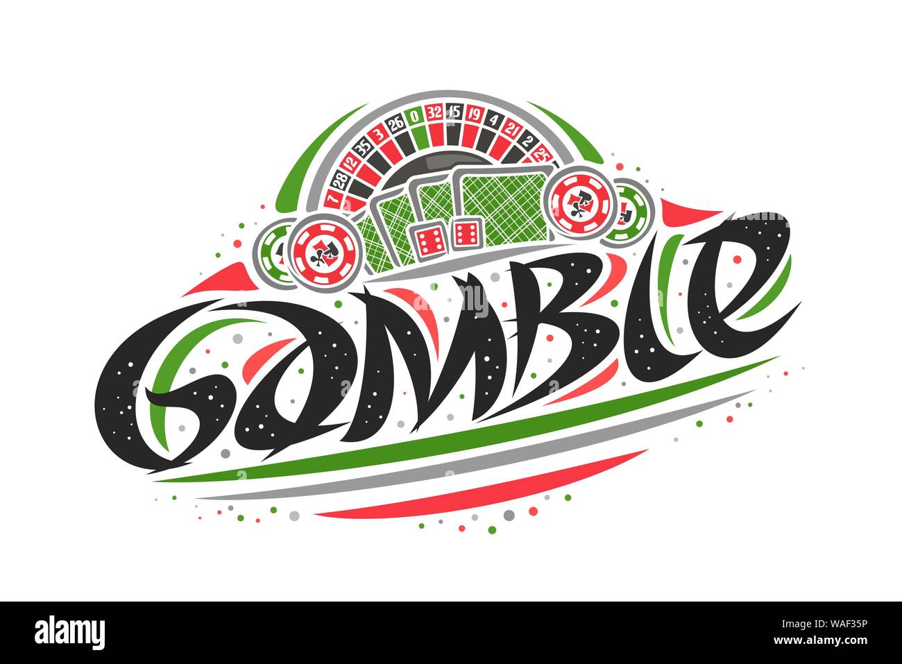 Vektor logo für Spielen, kreativen Entwurf Abbildung: American Roulette Rad, original dekorative Pinsel Schriftzug für Word Gamble, vereinfachende abst Stock Vektor